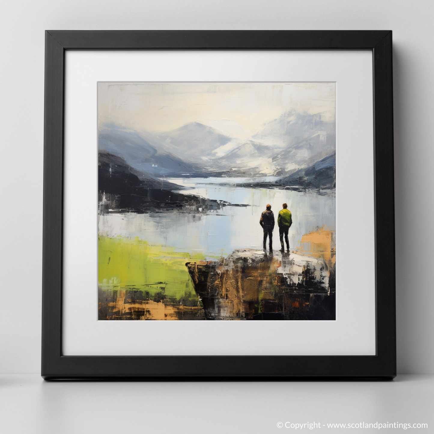 Art Print of Two hikers looking out on Loch Lomond with a black frame