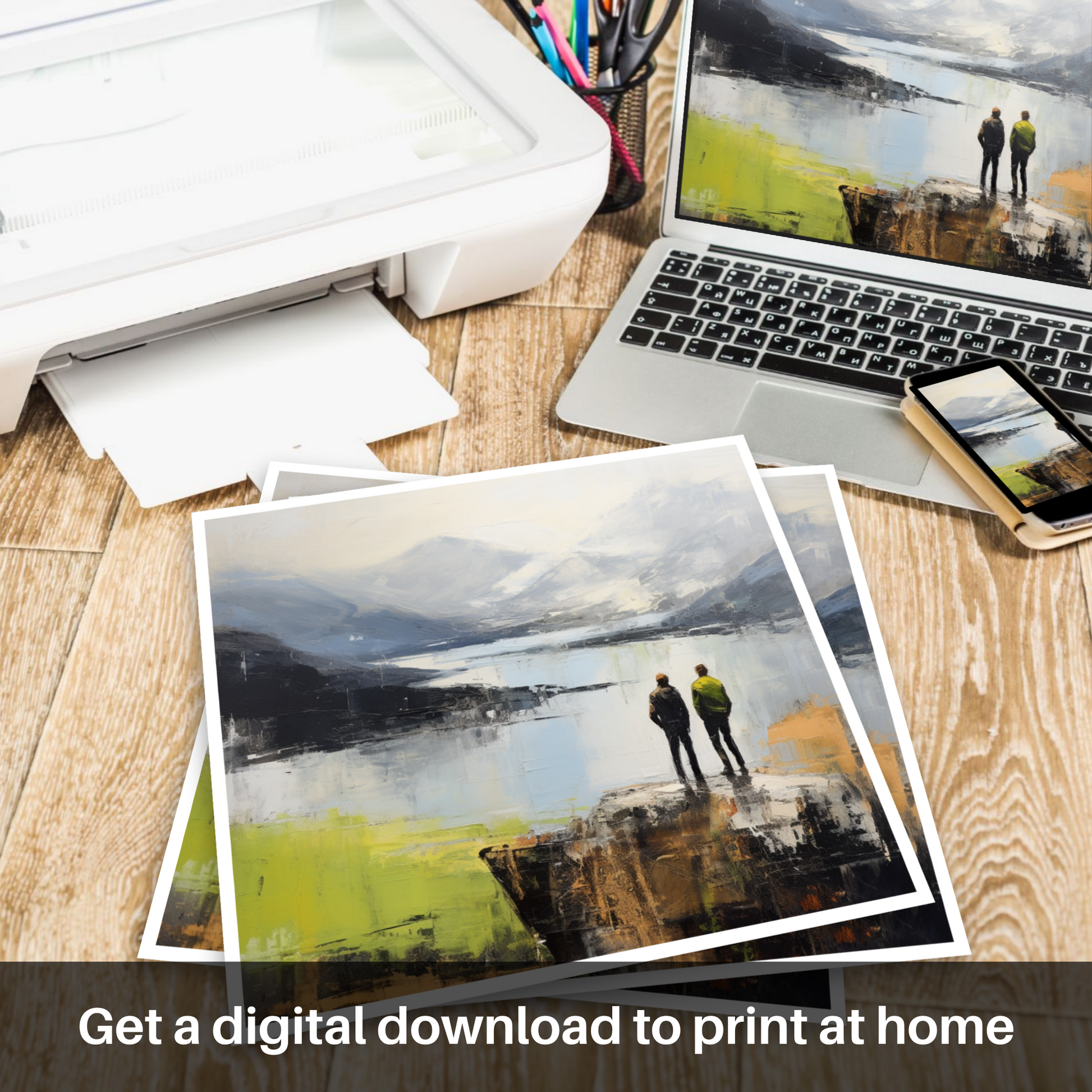 Downloadable and printable picture of Two hikers looking out on Loch Lomond