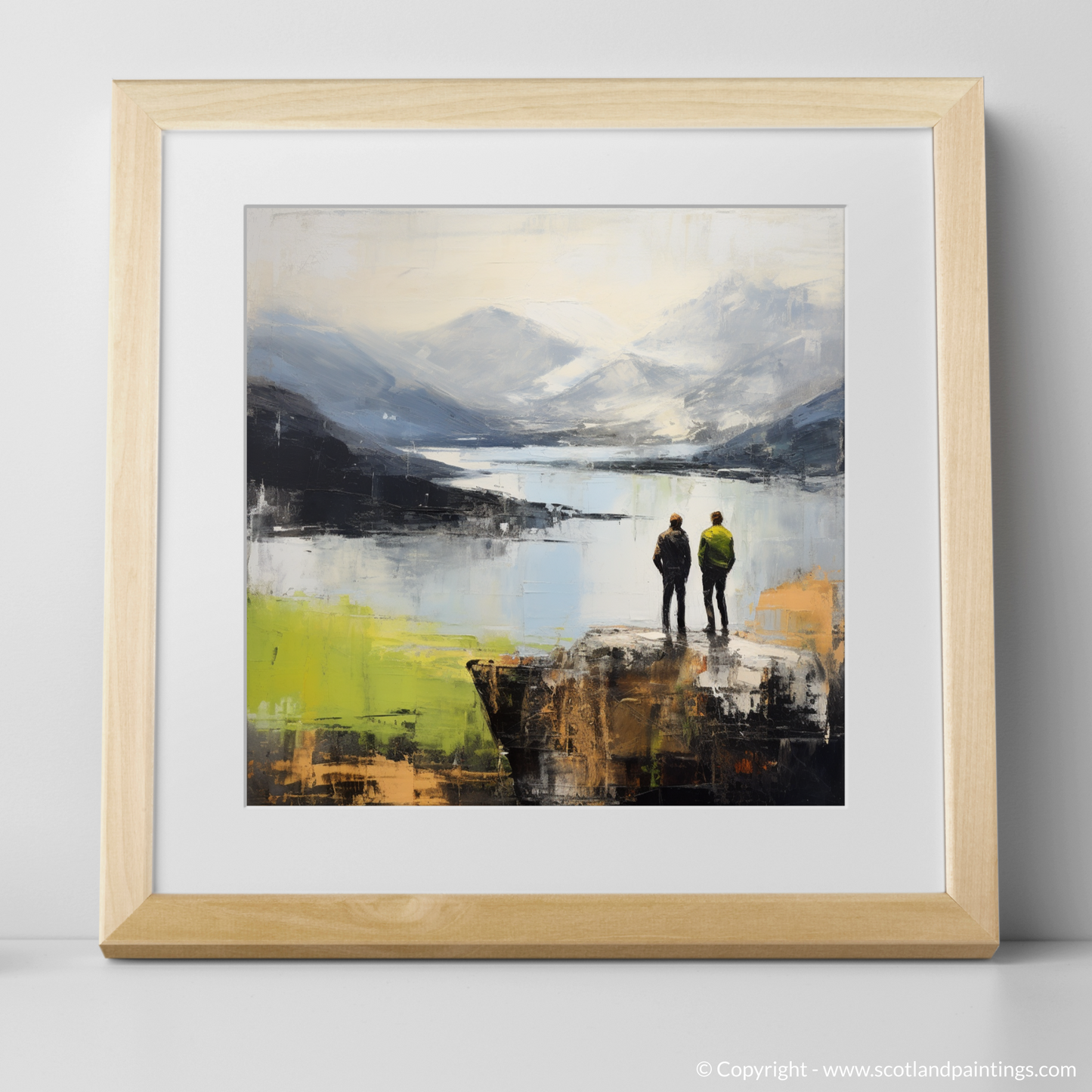 Art Print of Two hikers looking out on Loch Lomond with a natural frame