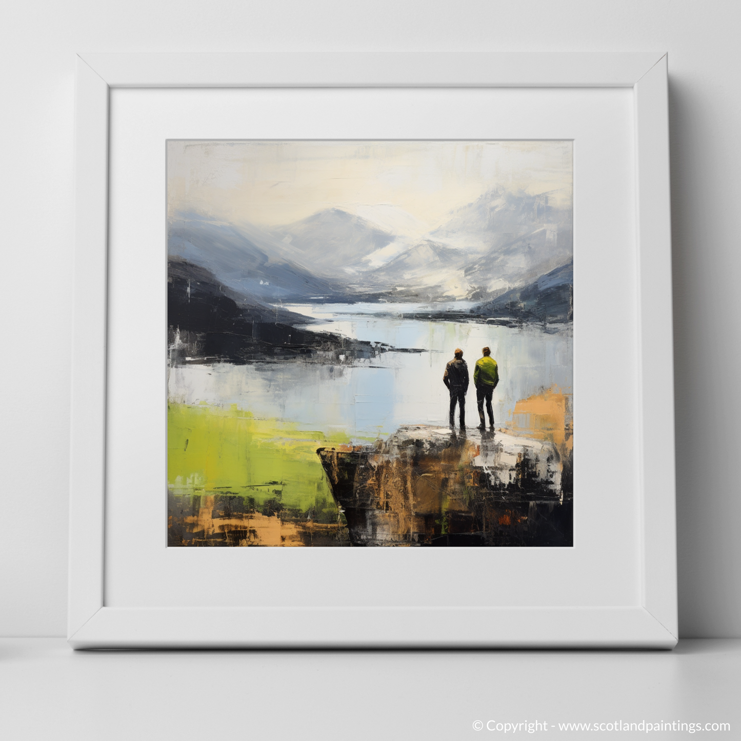 Art Print of Two hikers looking out on Loch Lomond with a white frame