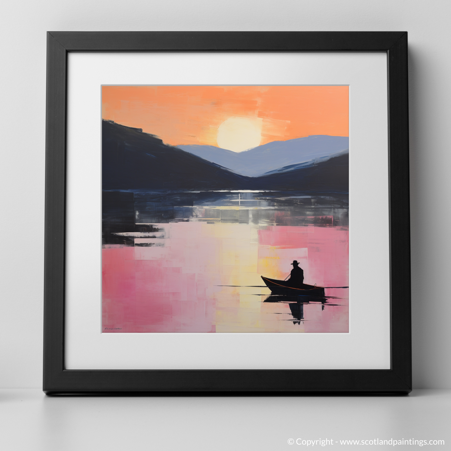 Art Print of Silhouetted fisherman on Loch Lomond with a black frame