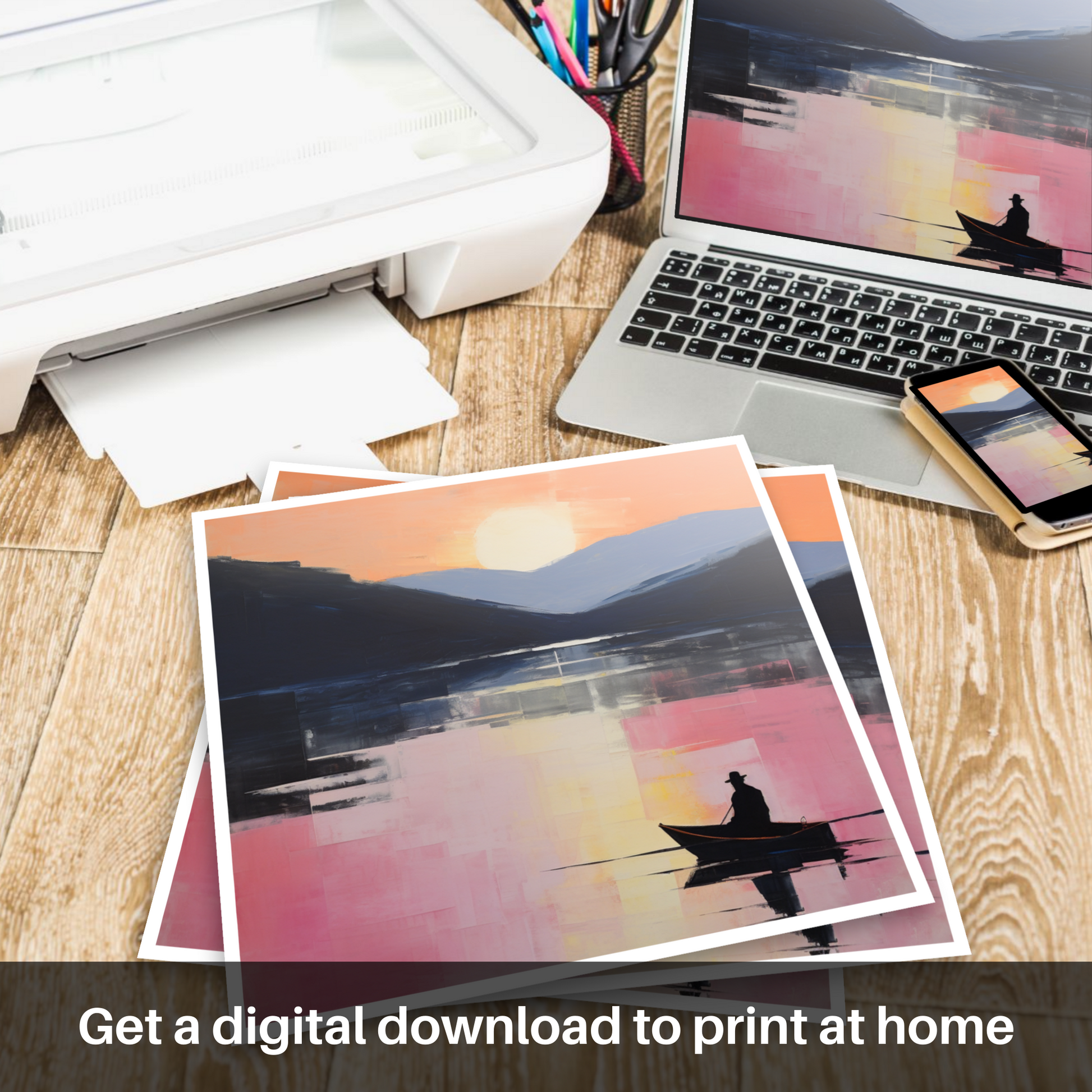 Downloadable and printable picture of Silhouetted fisherman on Loch Lomond