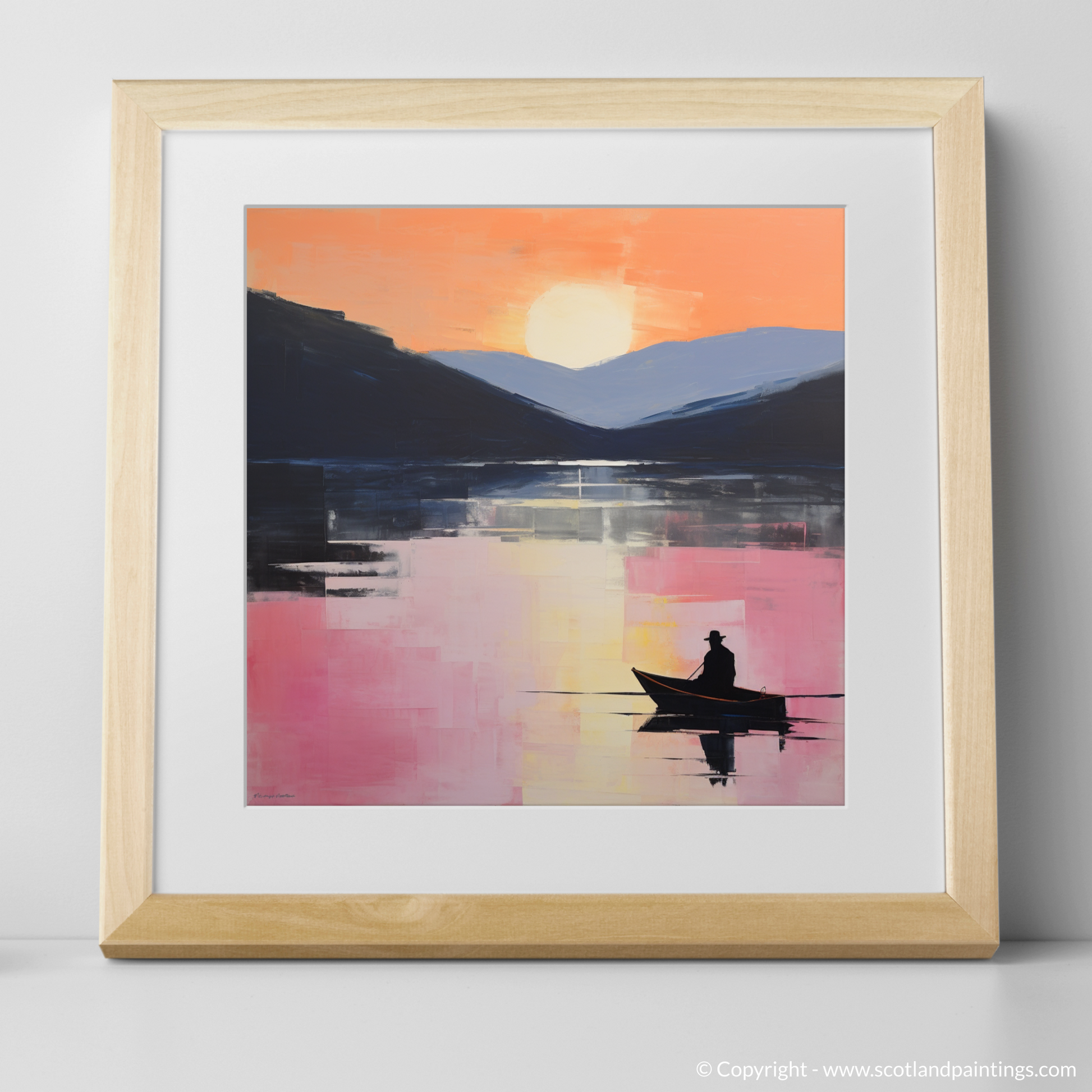 Art Print of Silhouetted fisherman on Loch Lomond with a natural frame