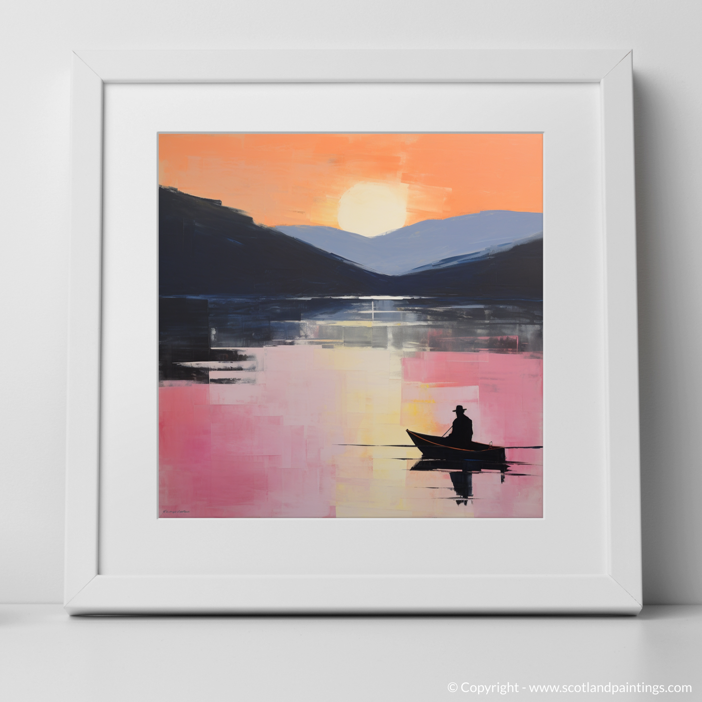 Art Print of Silhouetted fisherman on Loch Lomond with a white frame