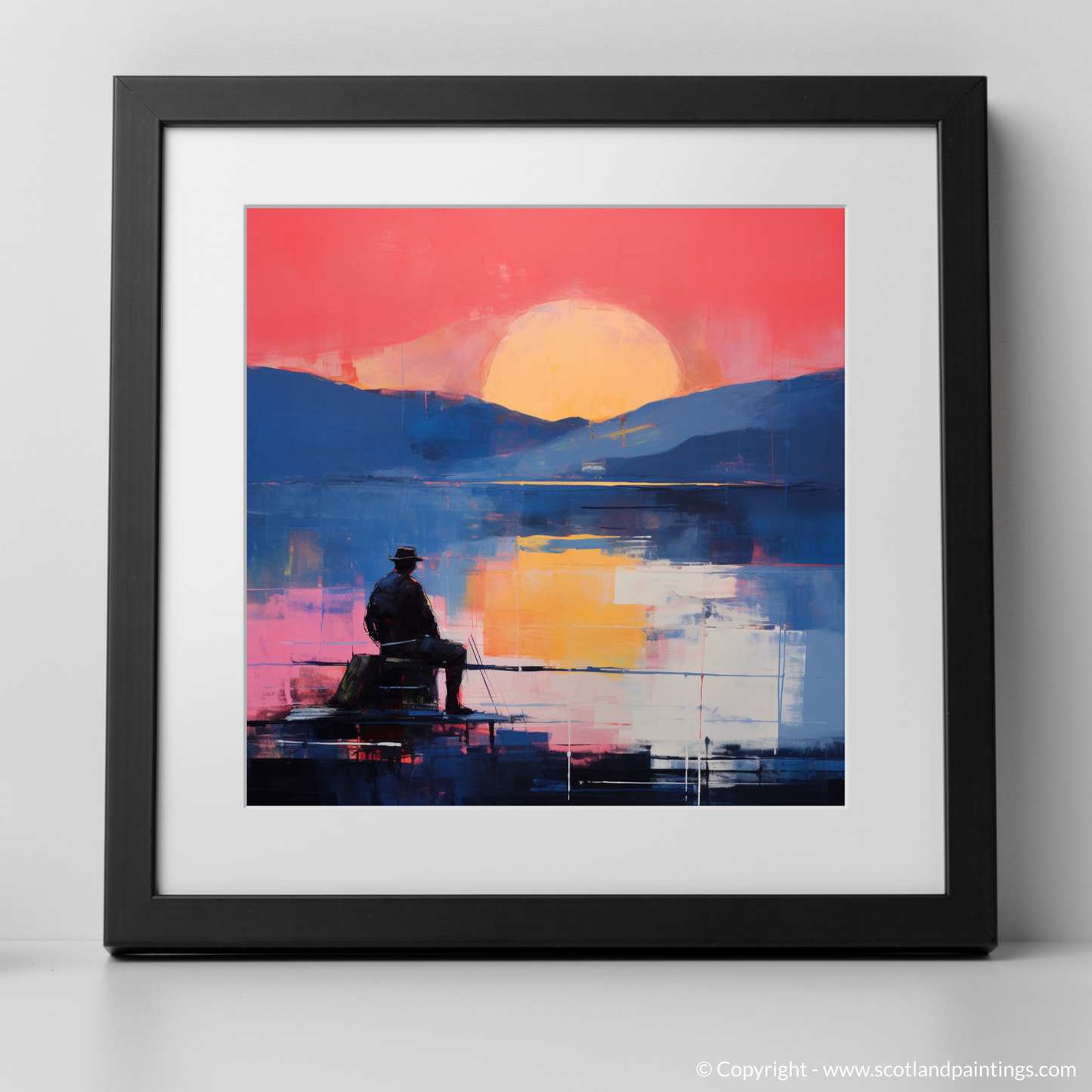 Art Print of Silhouetted fisherman on Loch Lomond with a black frame