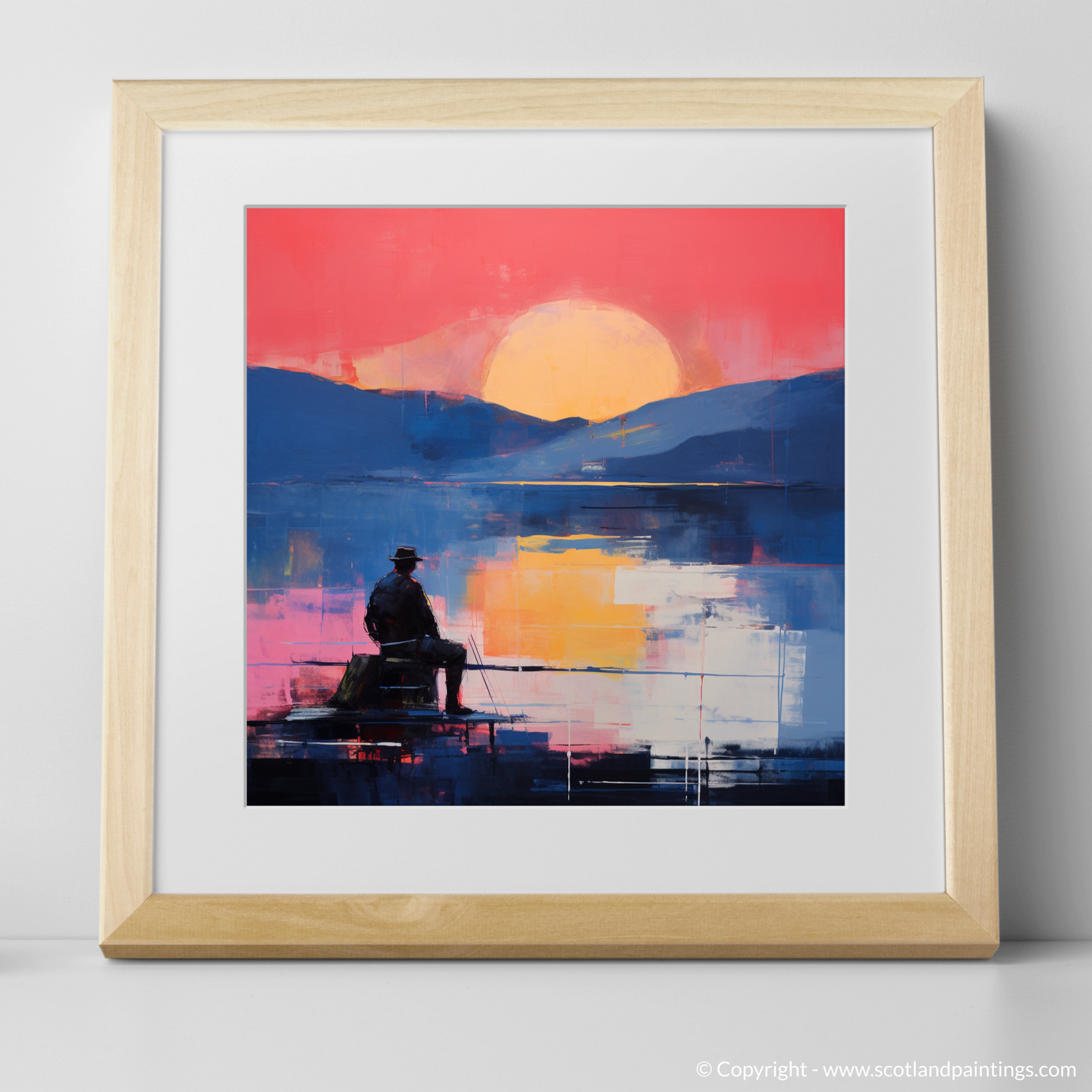 Art Print of Silhouetted fisherman on Loch Lomond with a natural frame