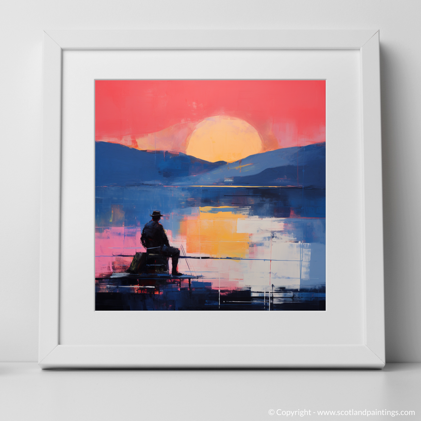 Art Print of Silhouetted fisherman on Loch Lomond with a white frame