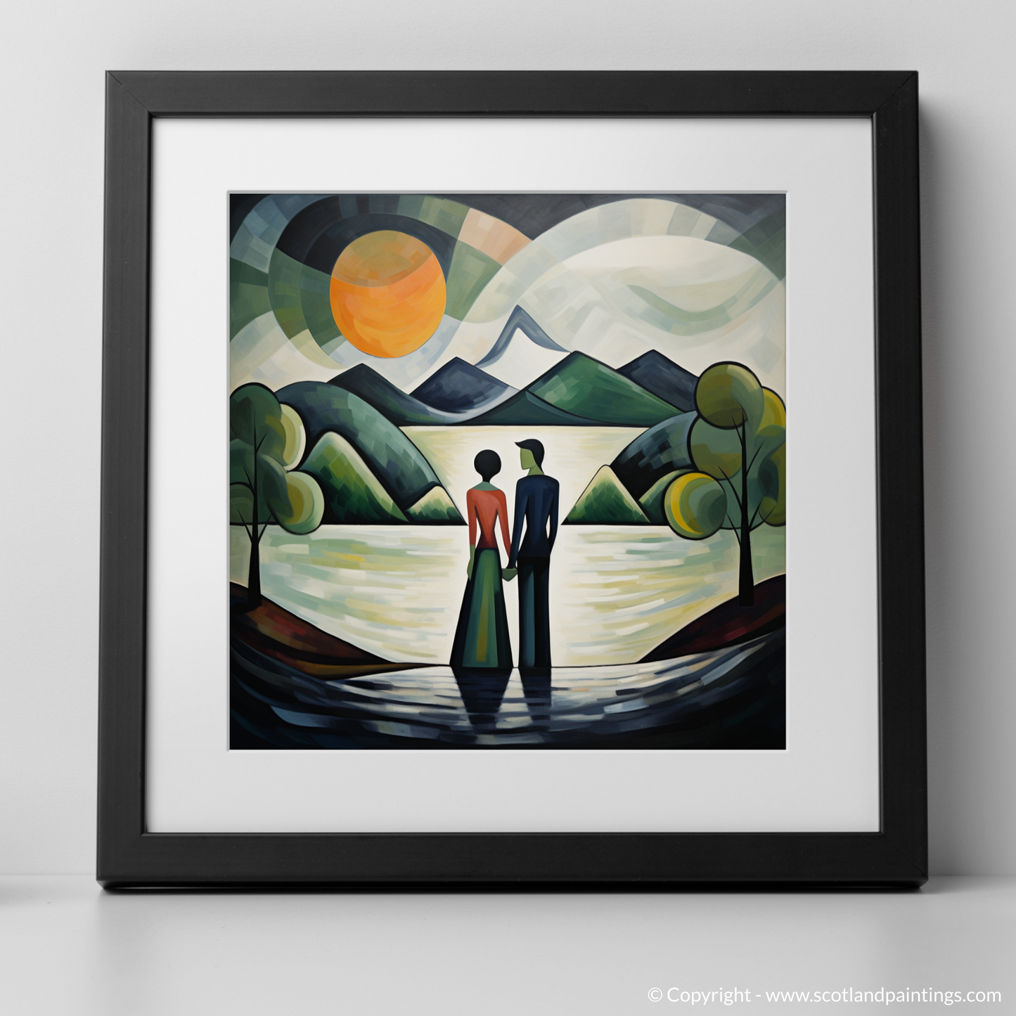 Art Print of A couple holding hands looking out on Loch Lomond with a black frame