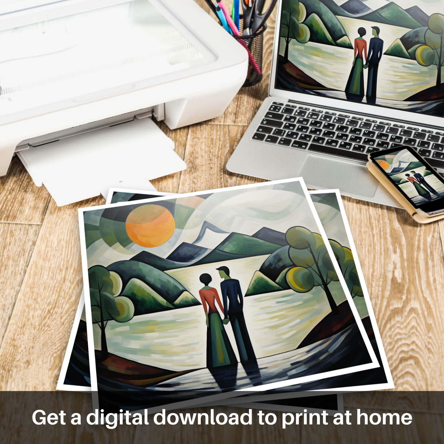 Downloadable and printable picture of A couple holding hands looking out on Loch Lomond