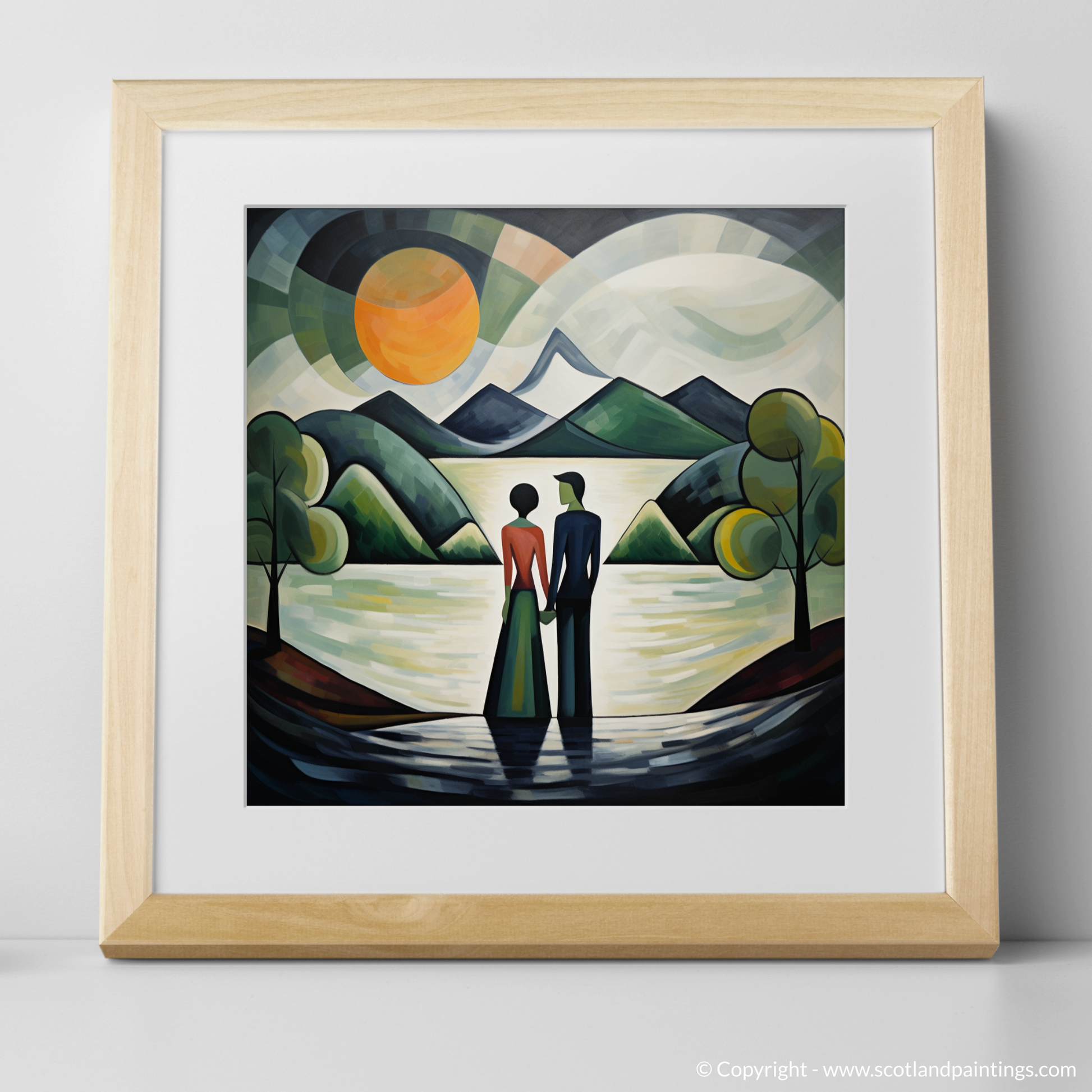 Art Print of A couple holding hands looking out on Loch Lomond with a natural frame