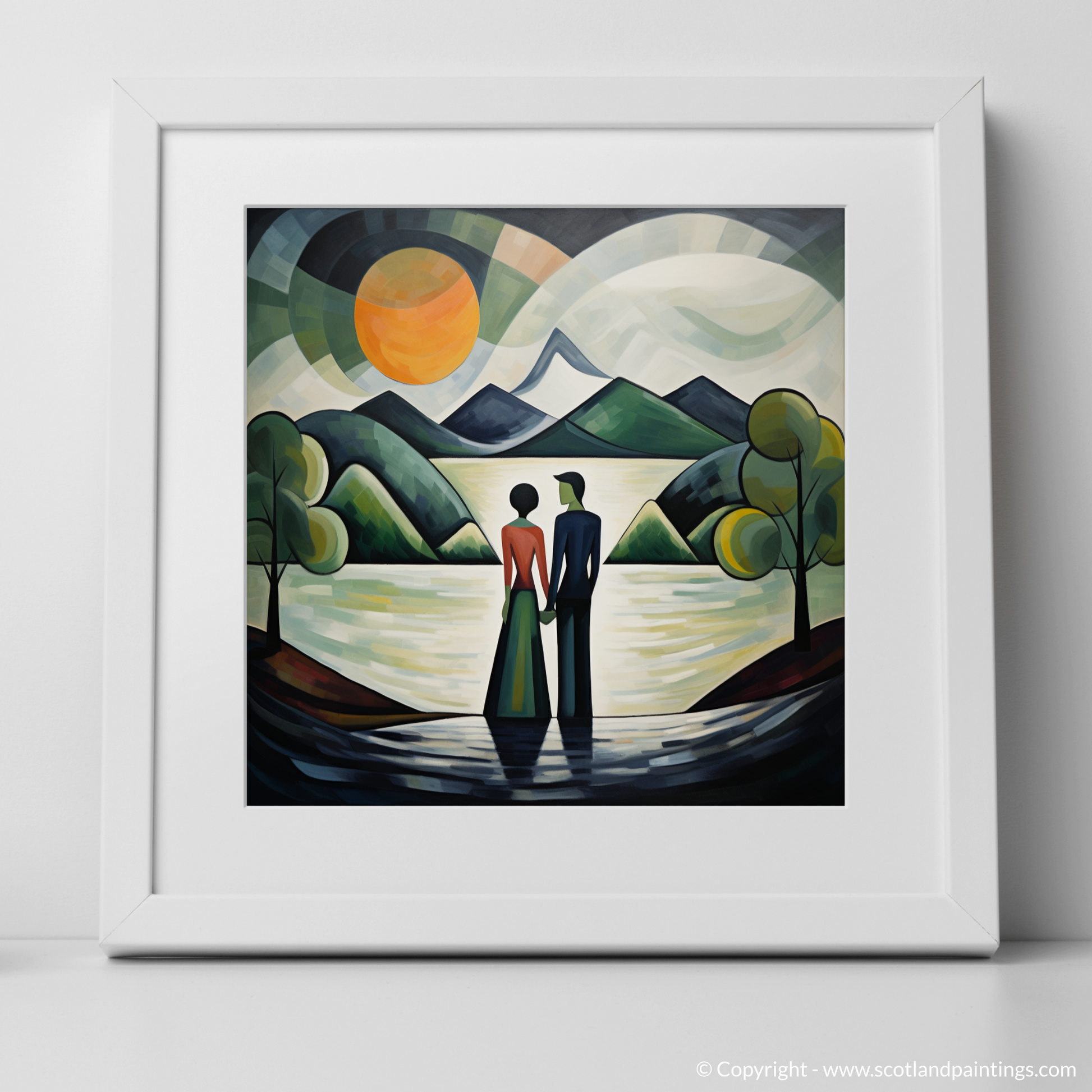 Art Print of A couple holding hands looking out on Loch Lomond with a white frame