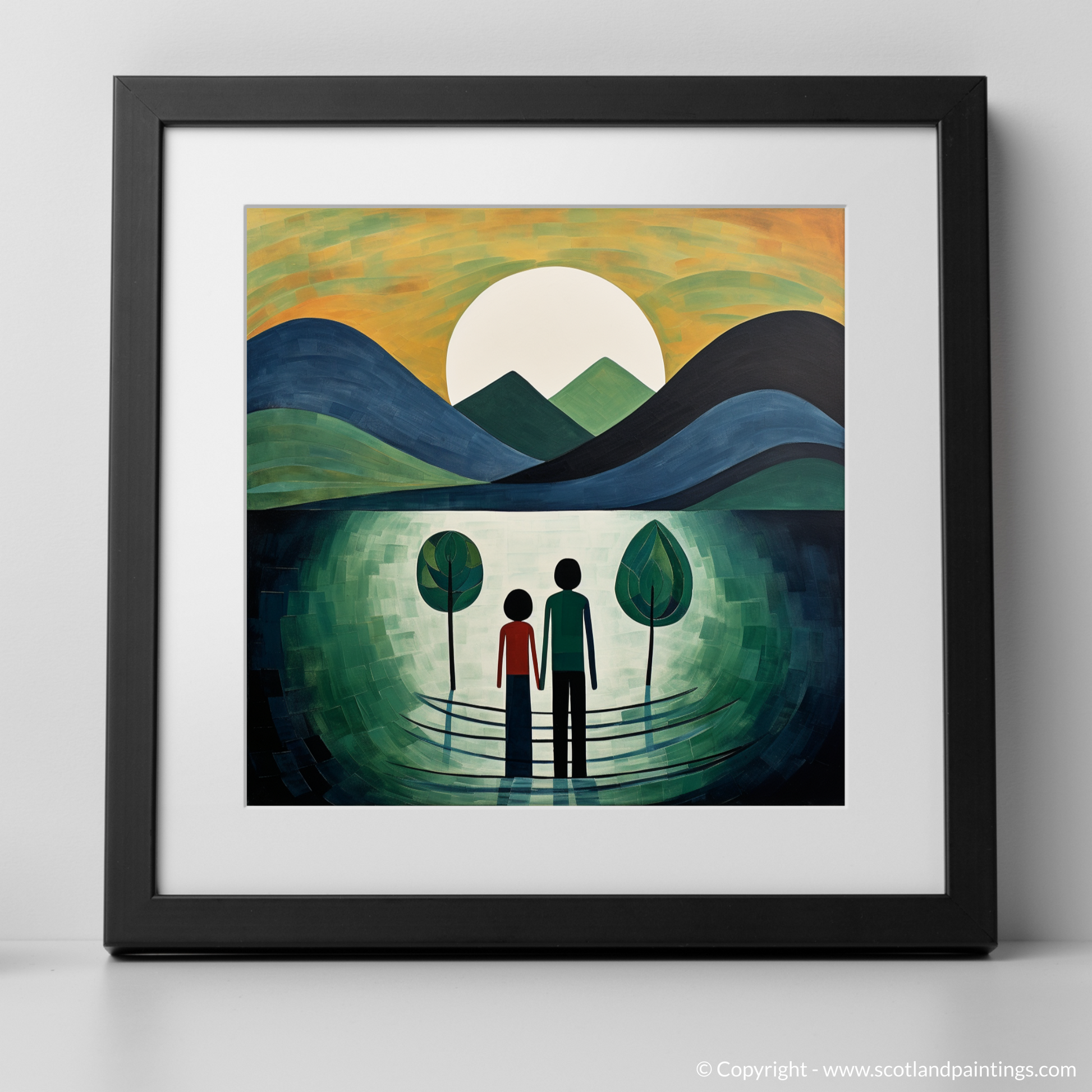 Art Print of A couple holding hands looking out on Loch Lomond with a black frame