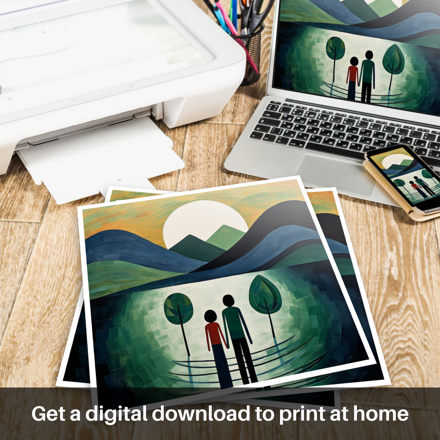 Downloadable and printable picture of A couple holding hands looking out on Loch Lomond