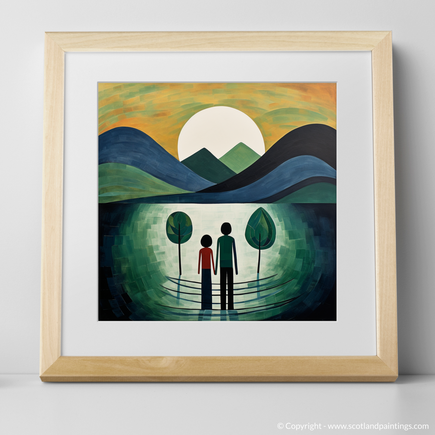 Art Print of A couple holding hands looking out on Loch Lomond with a natural frame