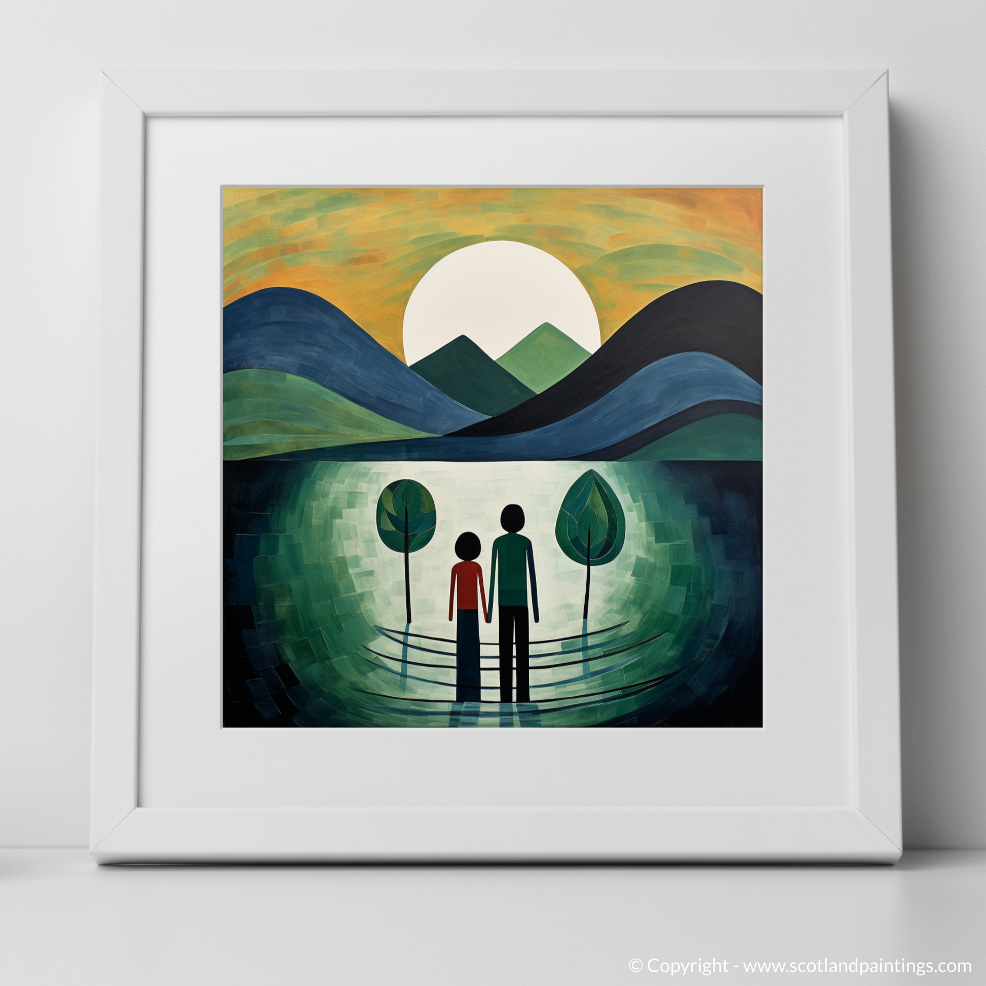 Art Print of A couple holding hands looking out on Loch Lomond with a white frame