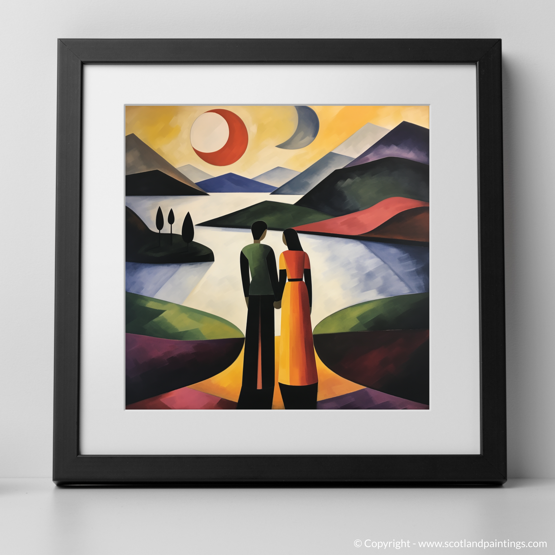 Art Print of A couple holding hands looking out on Loch Lomond with a black frame