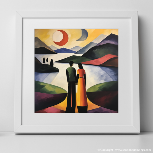 Art Print of A couple holding hands looking out on Loch Lomond with a white frame