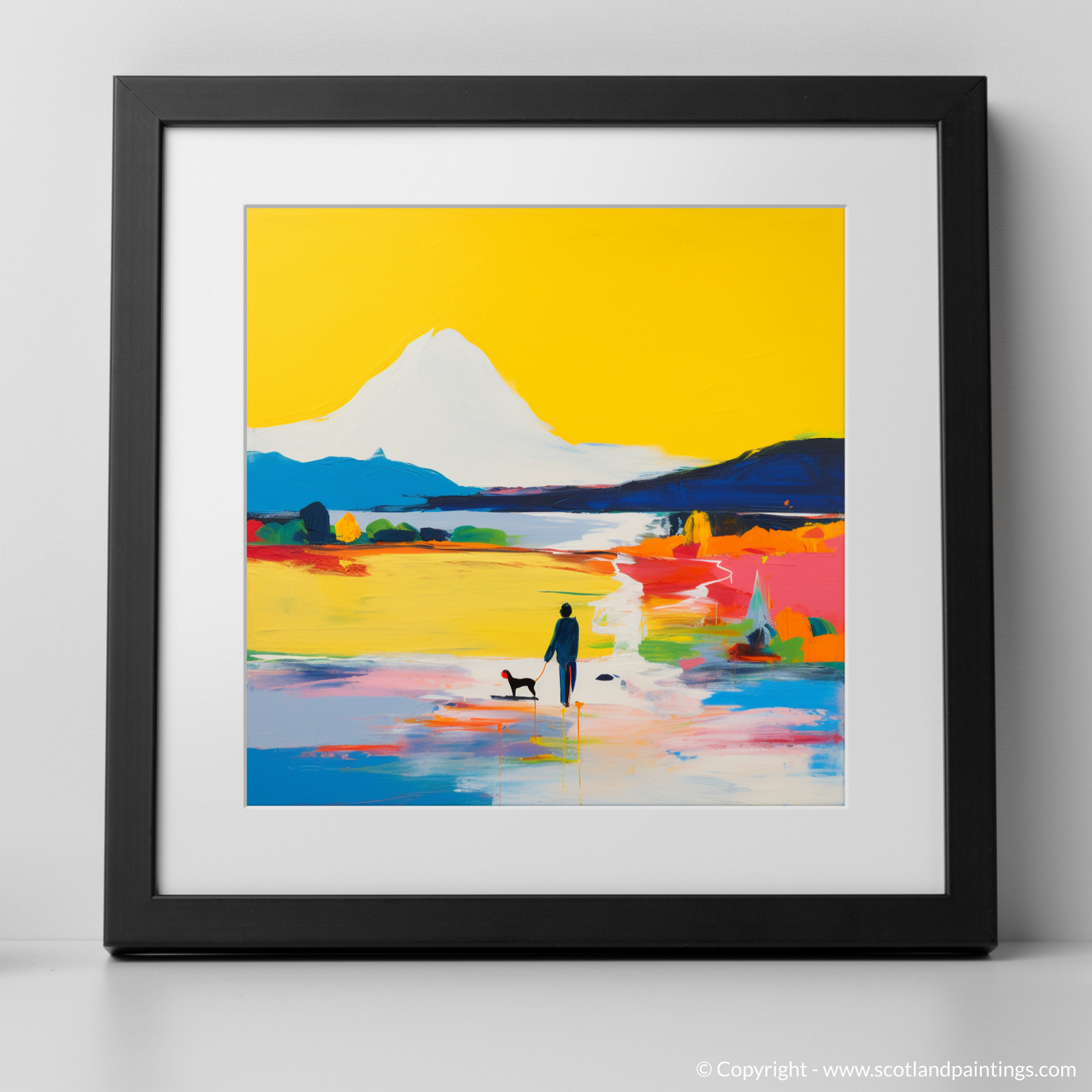 Art Print of A man walking dog at the side of Loch Lomond with a black frame