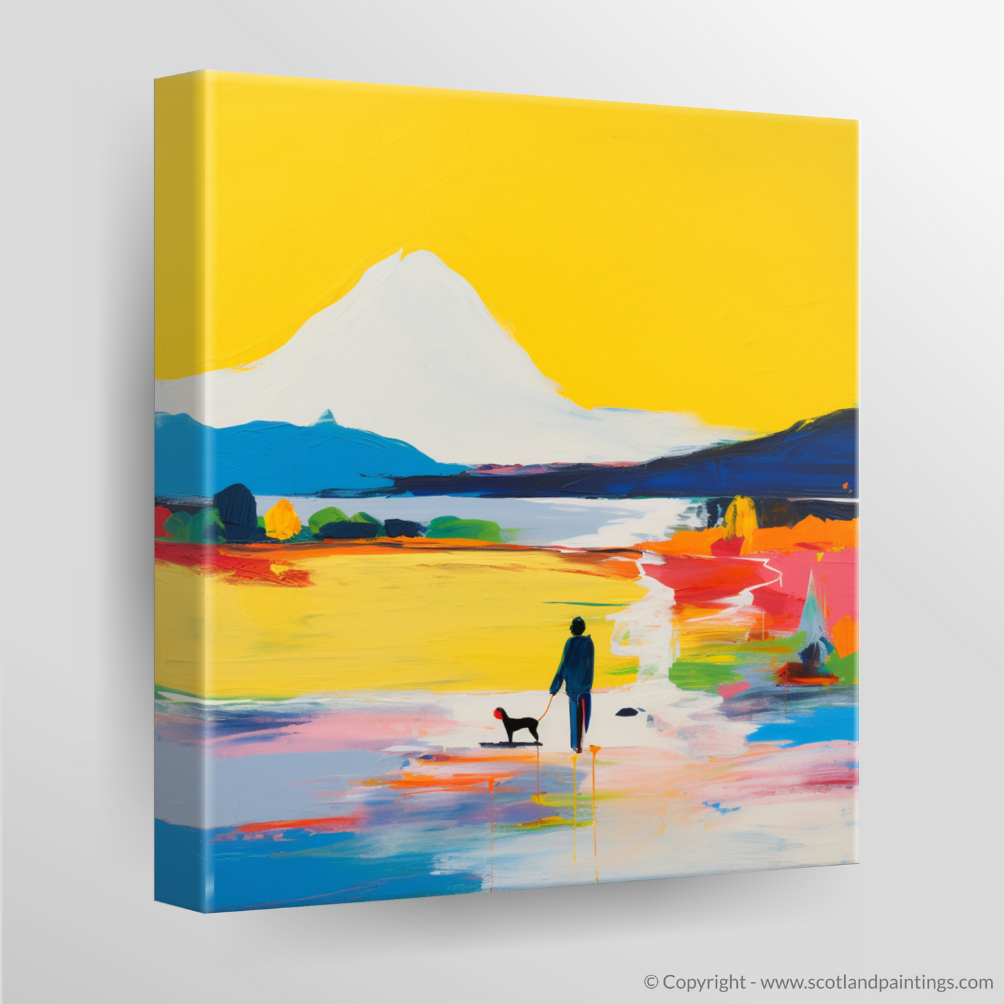 Canvas Print of A man walking dog at the side of Loch Lomond