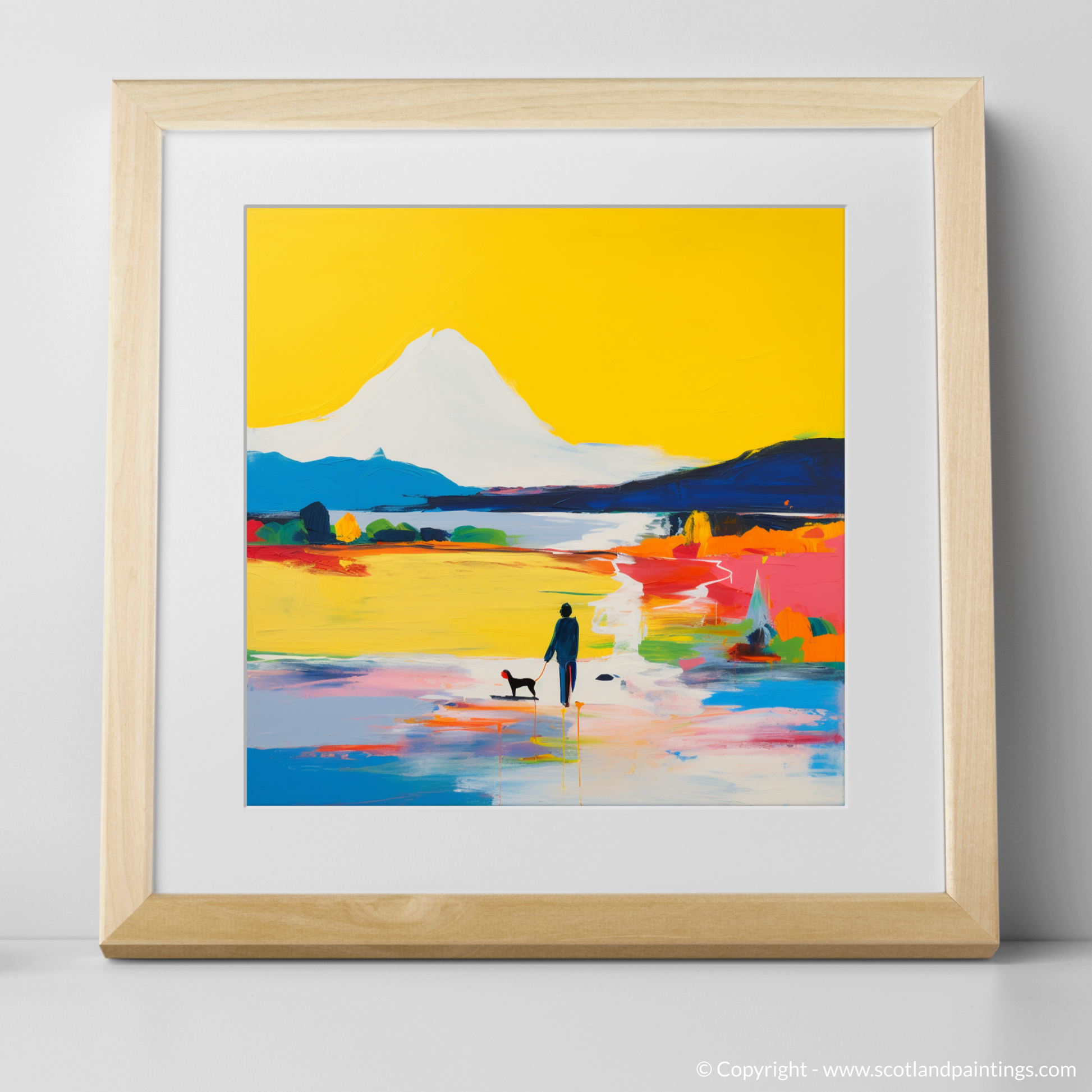 Art Print of A man walking dog at the side of Loch Lomond with a natural frame