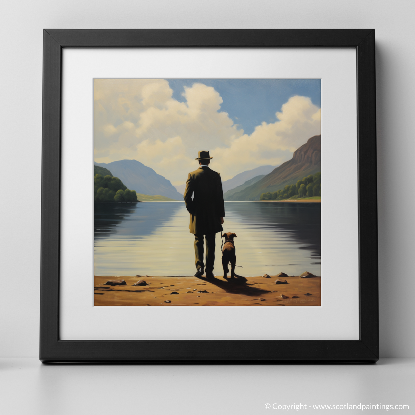 Art Print of A man walking dog at the side of Loch Lomond with a black frame