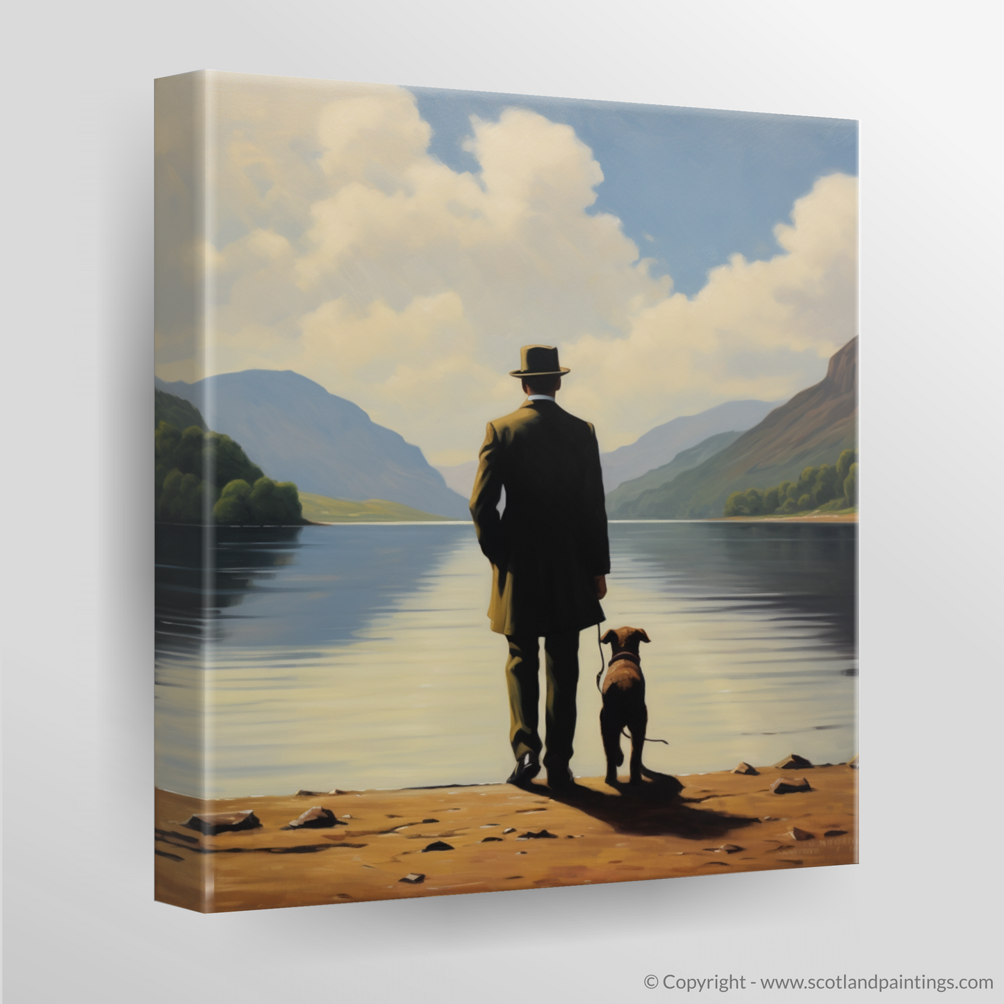 Canvas Print of A man walking dog at the side of Loch Lomond