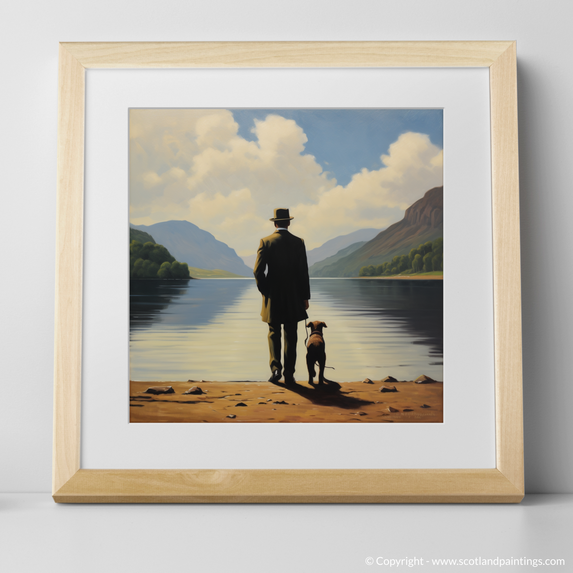 Art Print of A man walking dog at the side of Loch Lomond with a natural frame