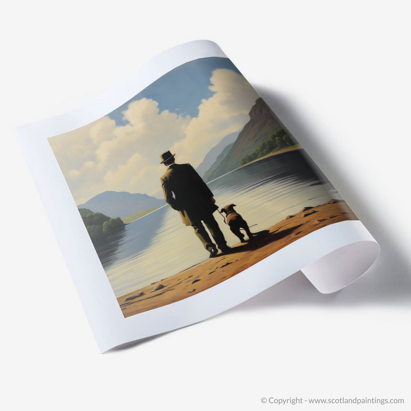 Art Print of A man walking dog at the side of Loch Lomond