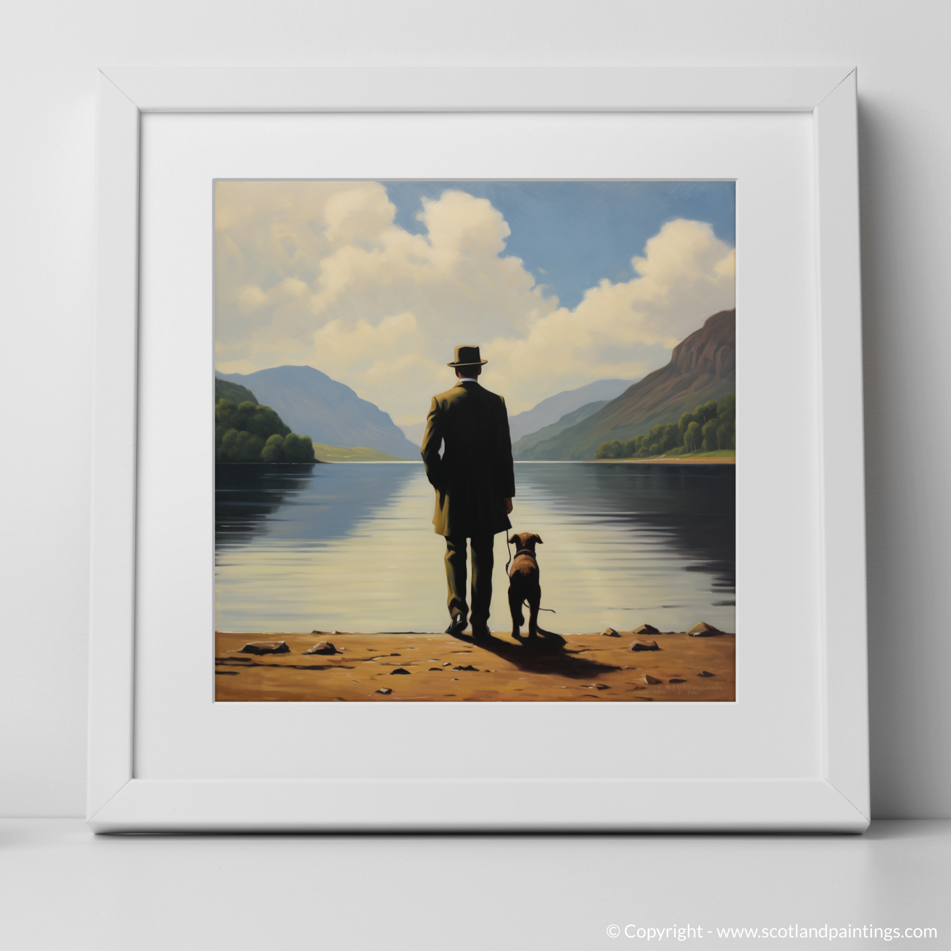 Art Print of A man walking dog at the side of Loch Lomond with a white frame