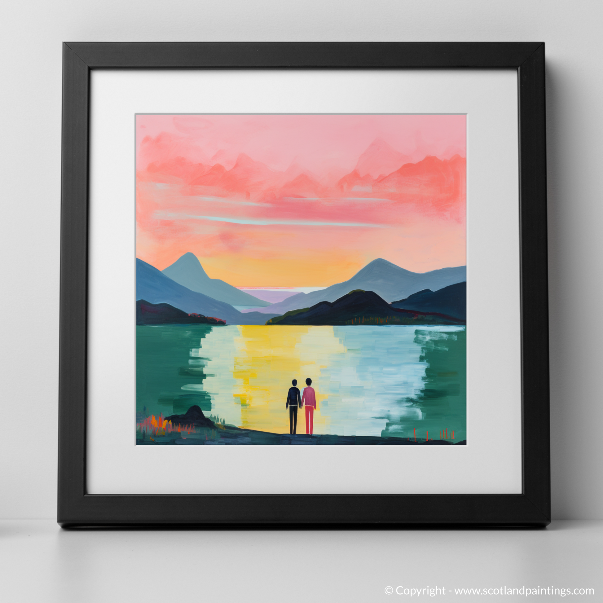 Art Print of A couple holding hands looking out on Loch Lomond with a black frame