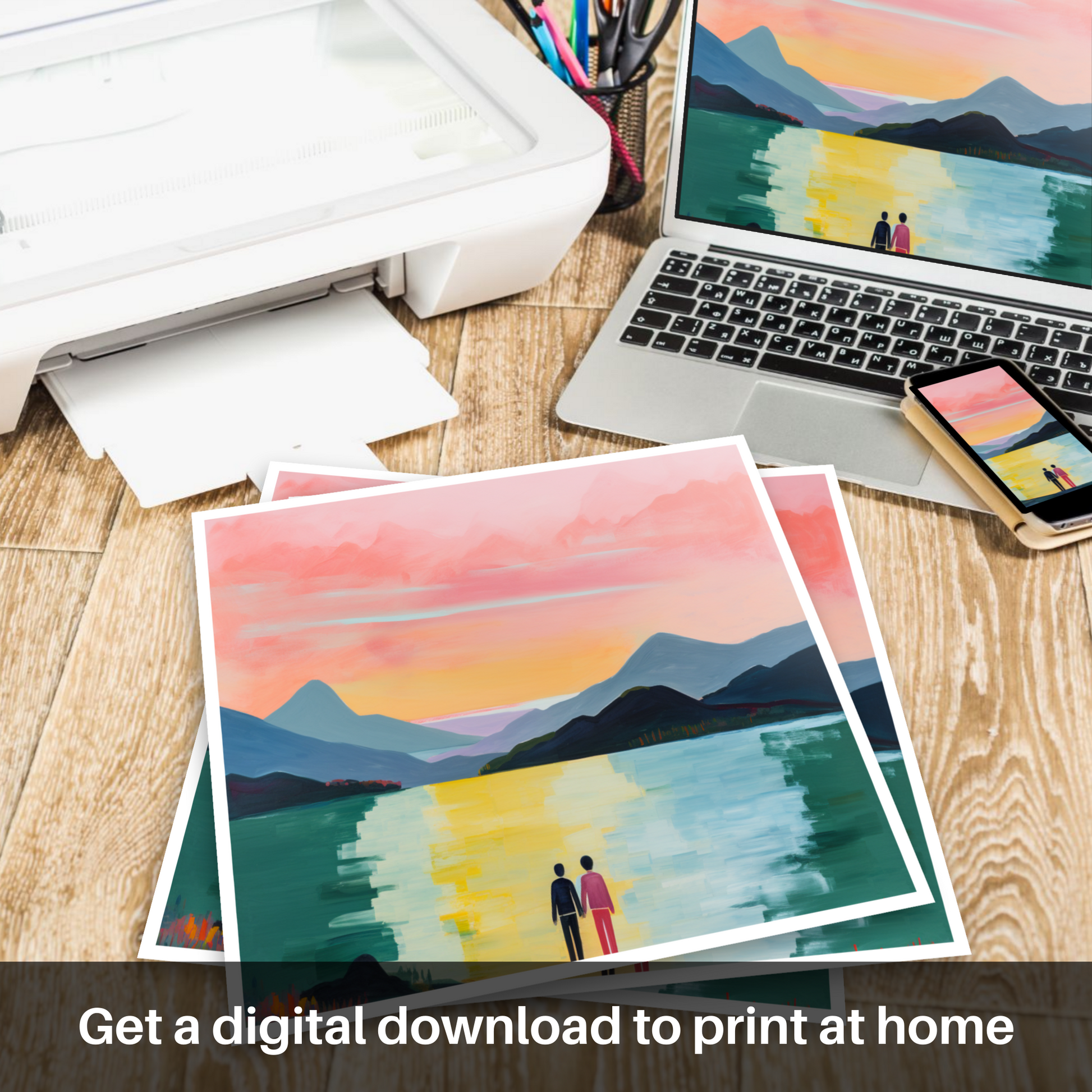 Downloadable and printable picture of A couple holding hands looking out on Loch Lomond