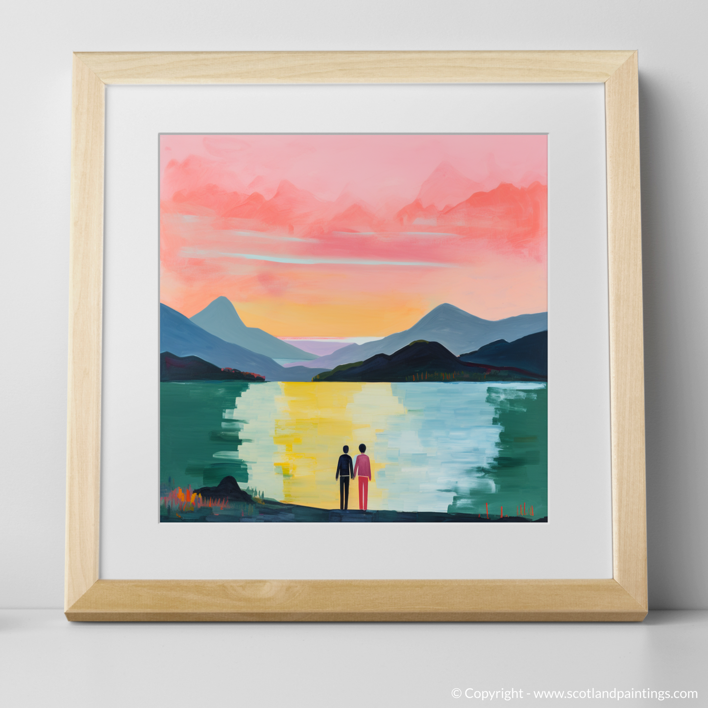 Art Print of A couple holding hands looking out on Loch Lomond with a natural frame