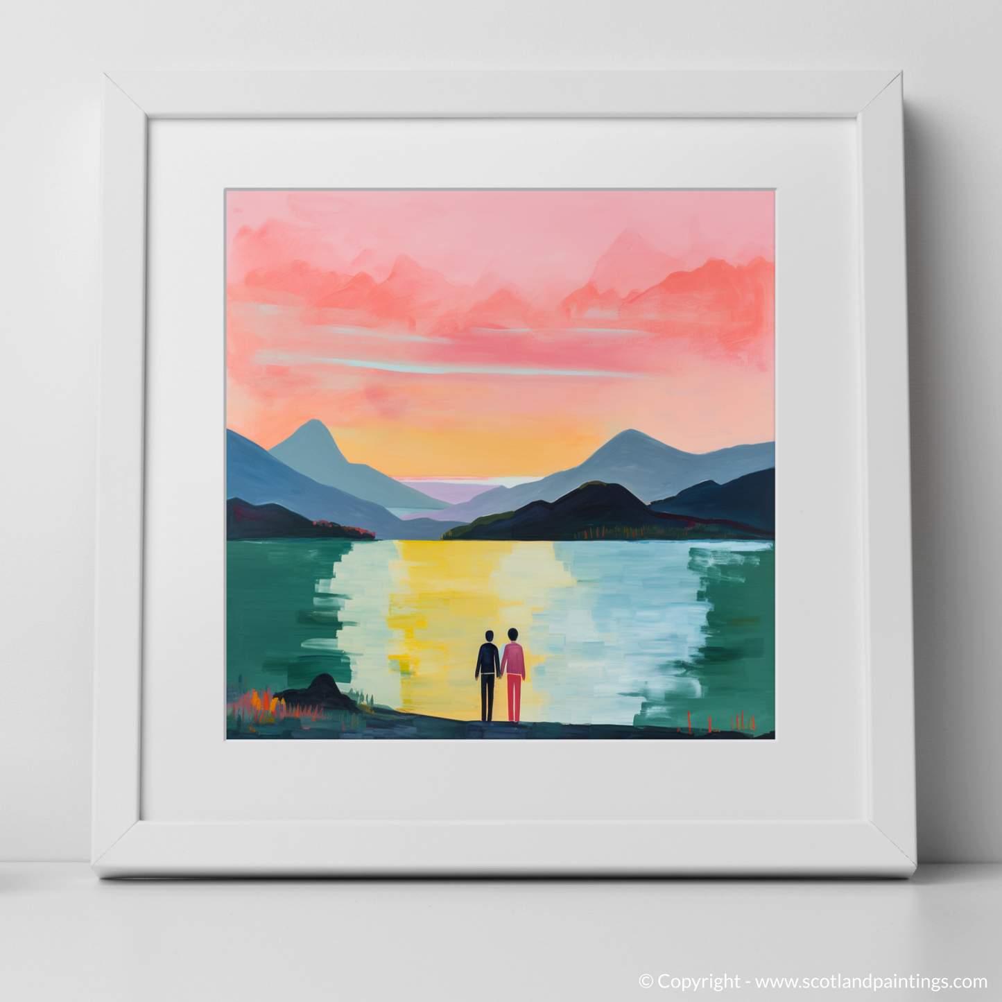 Art Print of A couple holding hands looking out on Loch Lomond with a white frame