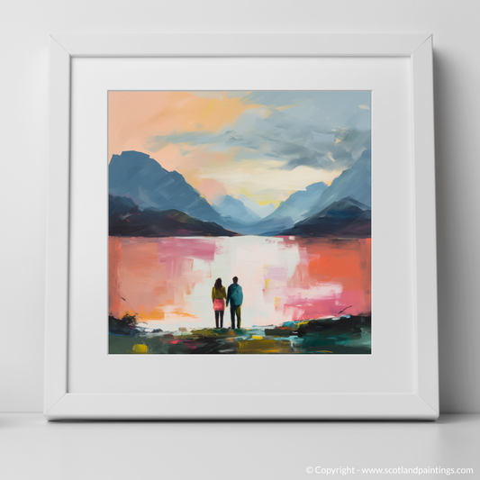 Art Print of A couple holding hands looking out on Loch Lomond with a white frame