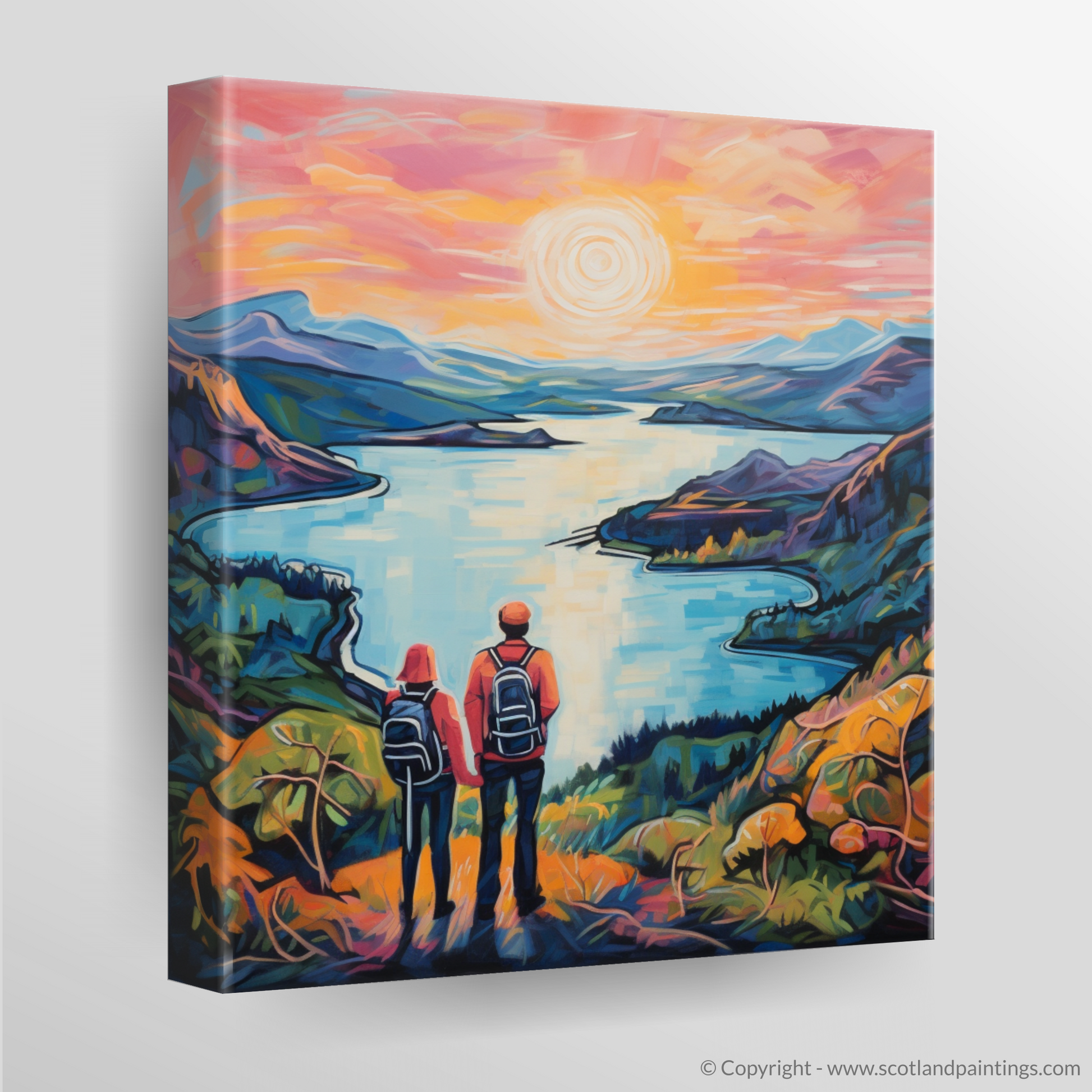 Canvas Print of Two hikers looking out on Loch Lomond