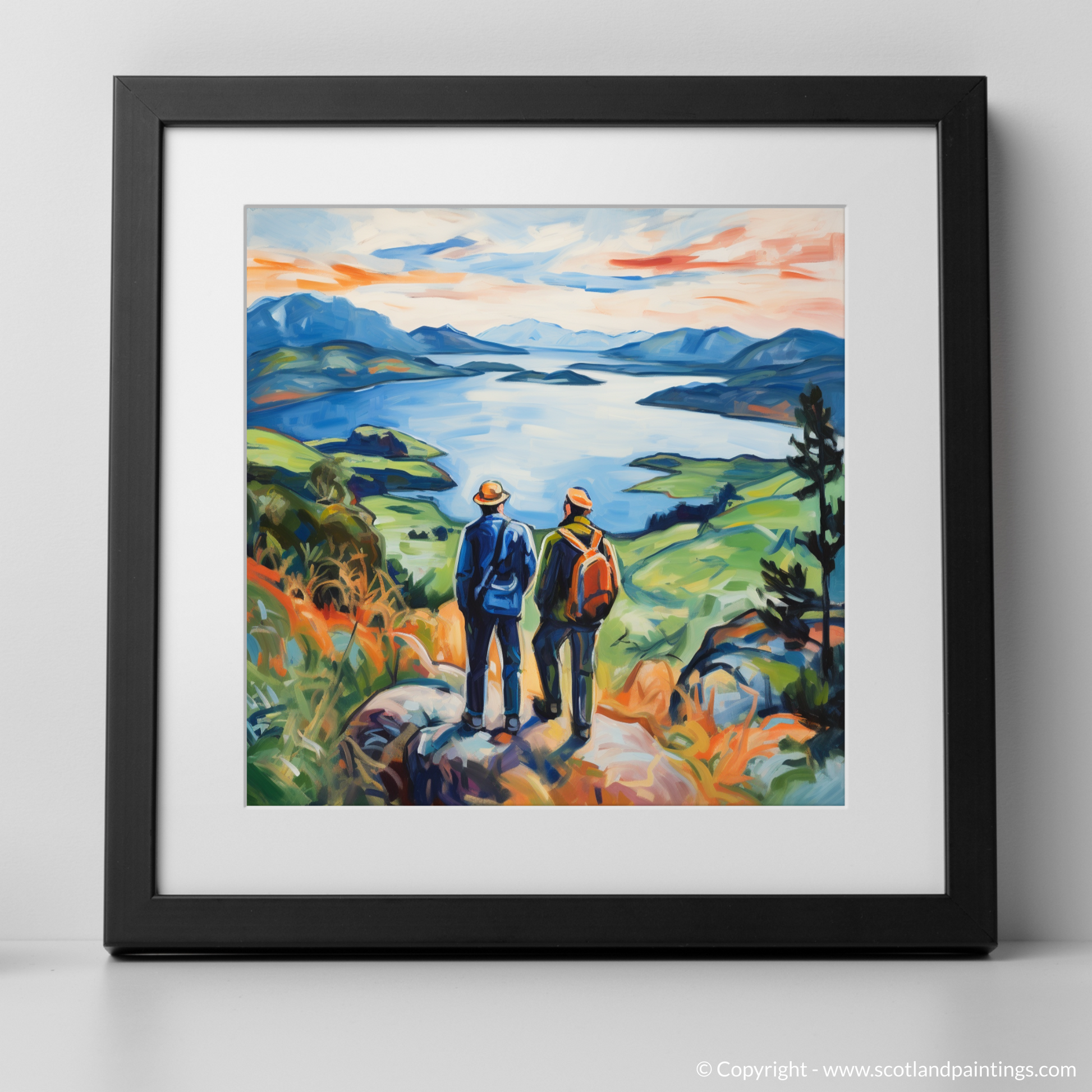 Art Print of Two hikers looking out on Loch Lomond with a black frame