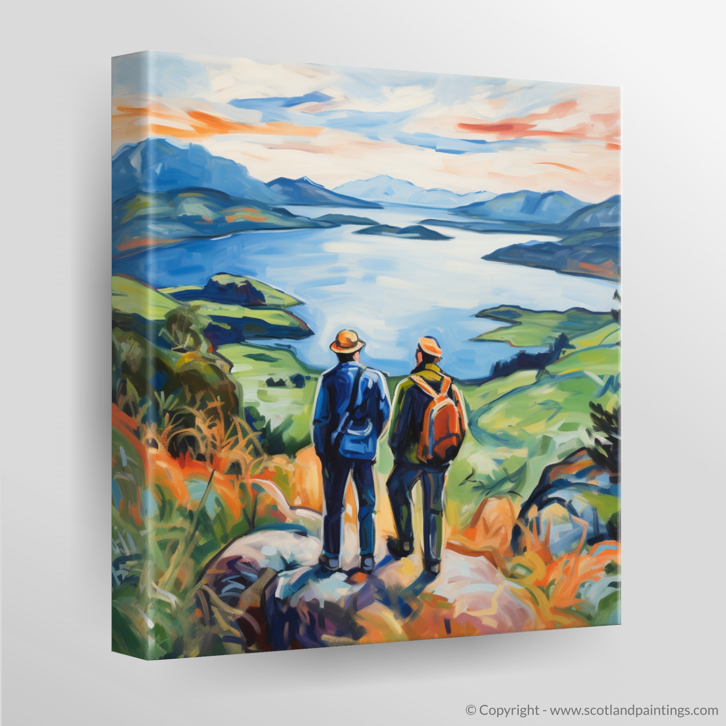 Canvas Print of Two hikers looking out on Loch Lomond