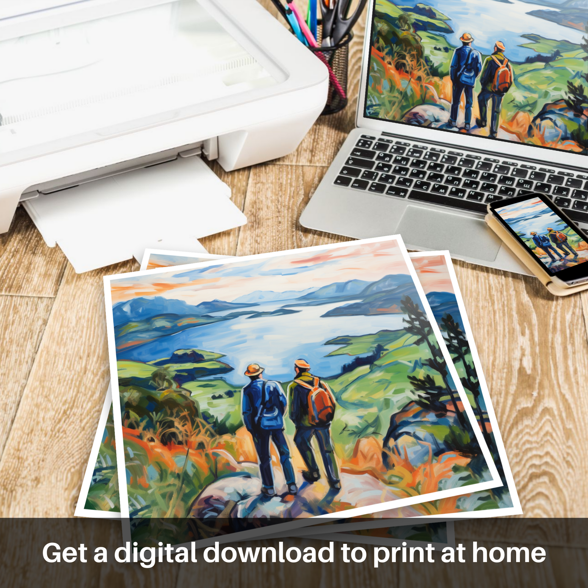 Downloadable and printable picture of Two hikers looking out on Loch Lomond