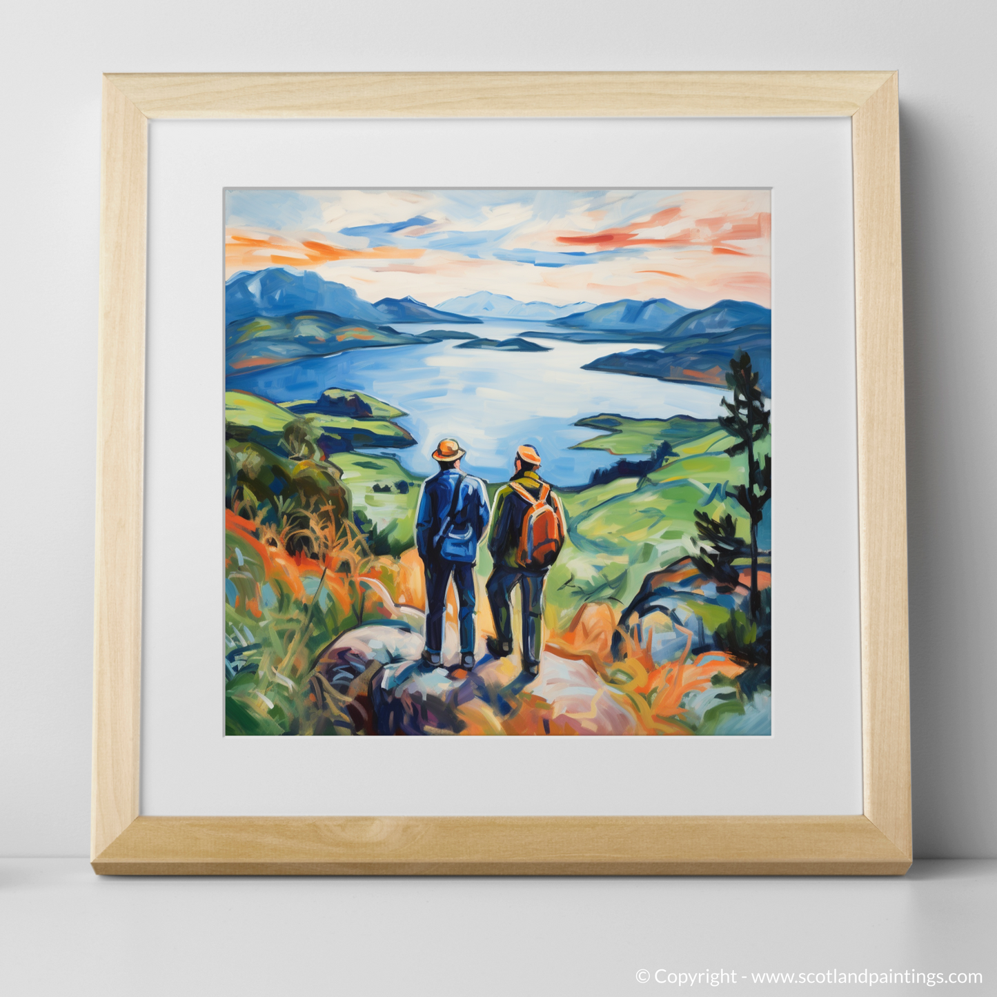 Art Print of Two hikers looking out on Loch Lomond with a natural frame