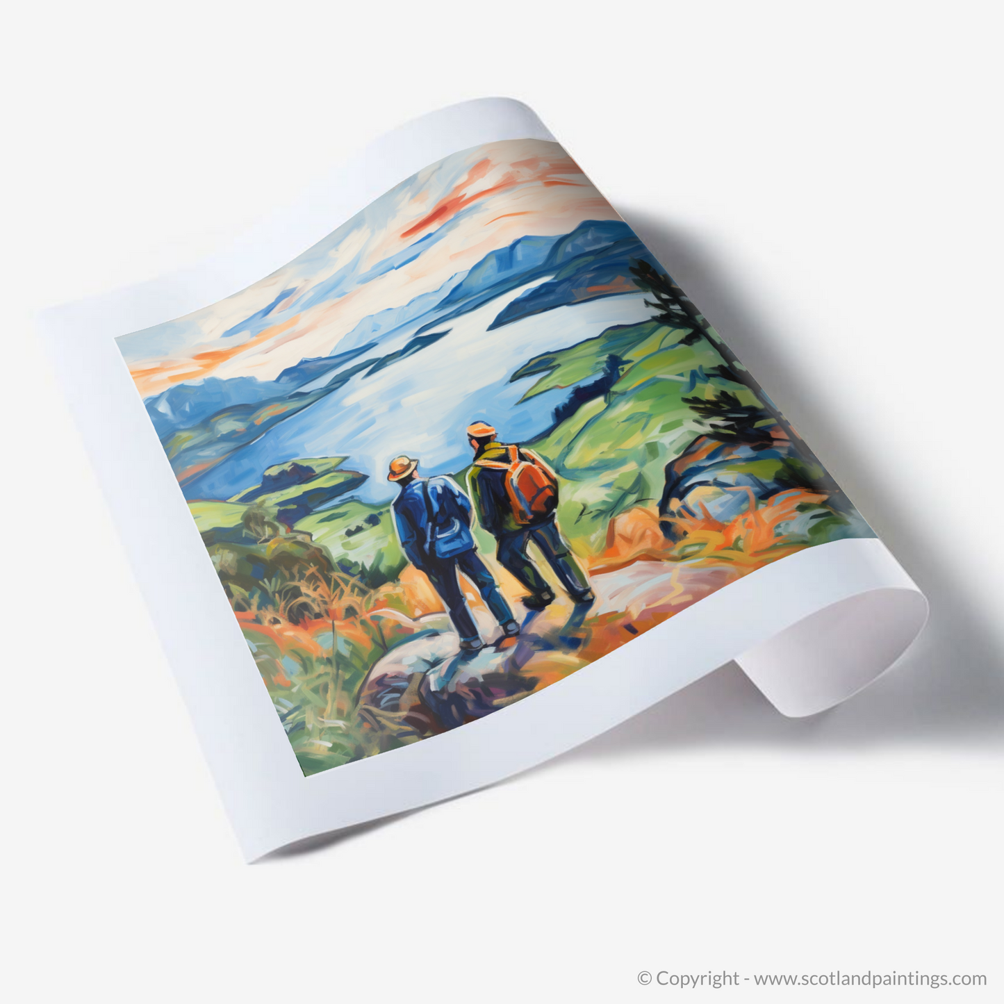 Art Print of Two hikers looking out on Loch Lomond