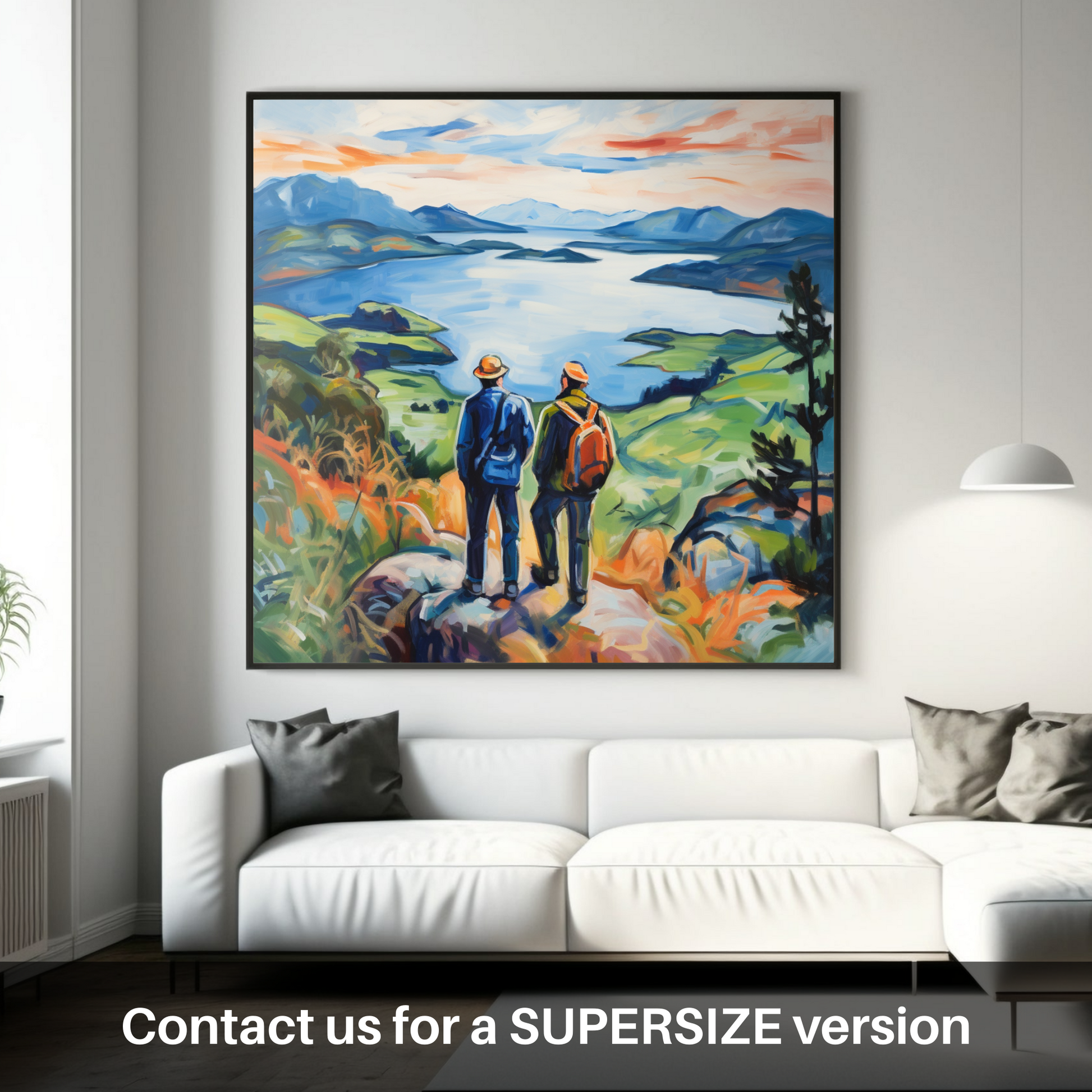 Huge supersize print of Two hikers looking out on Loch Lomond