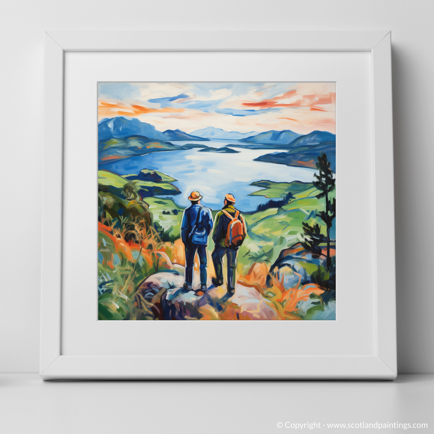 Art Print of Two hikers looking out on Loch Lomond with a white frame