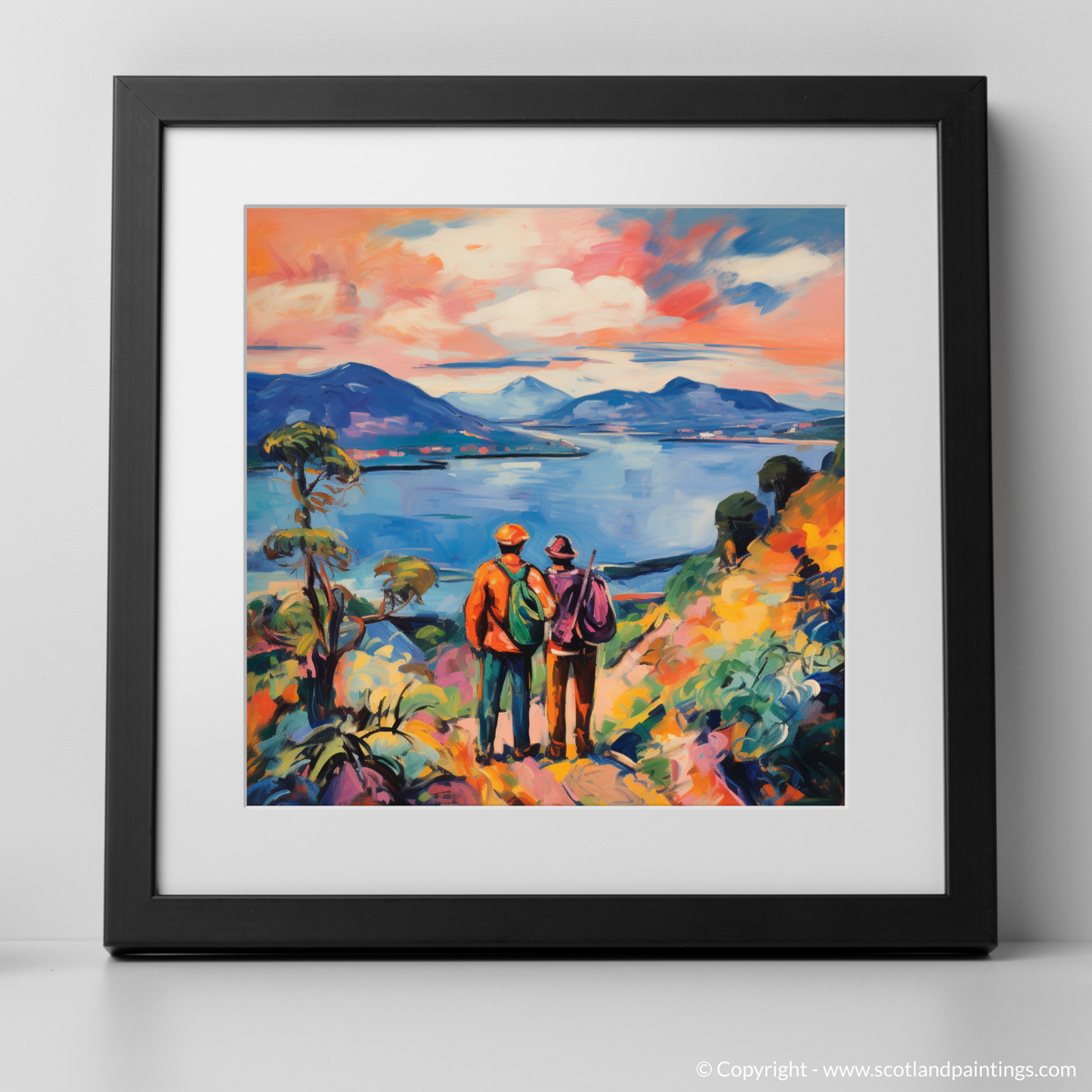 Art Print of Two hikers looking out on Loch Lomond with a black frame