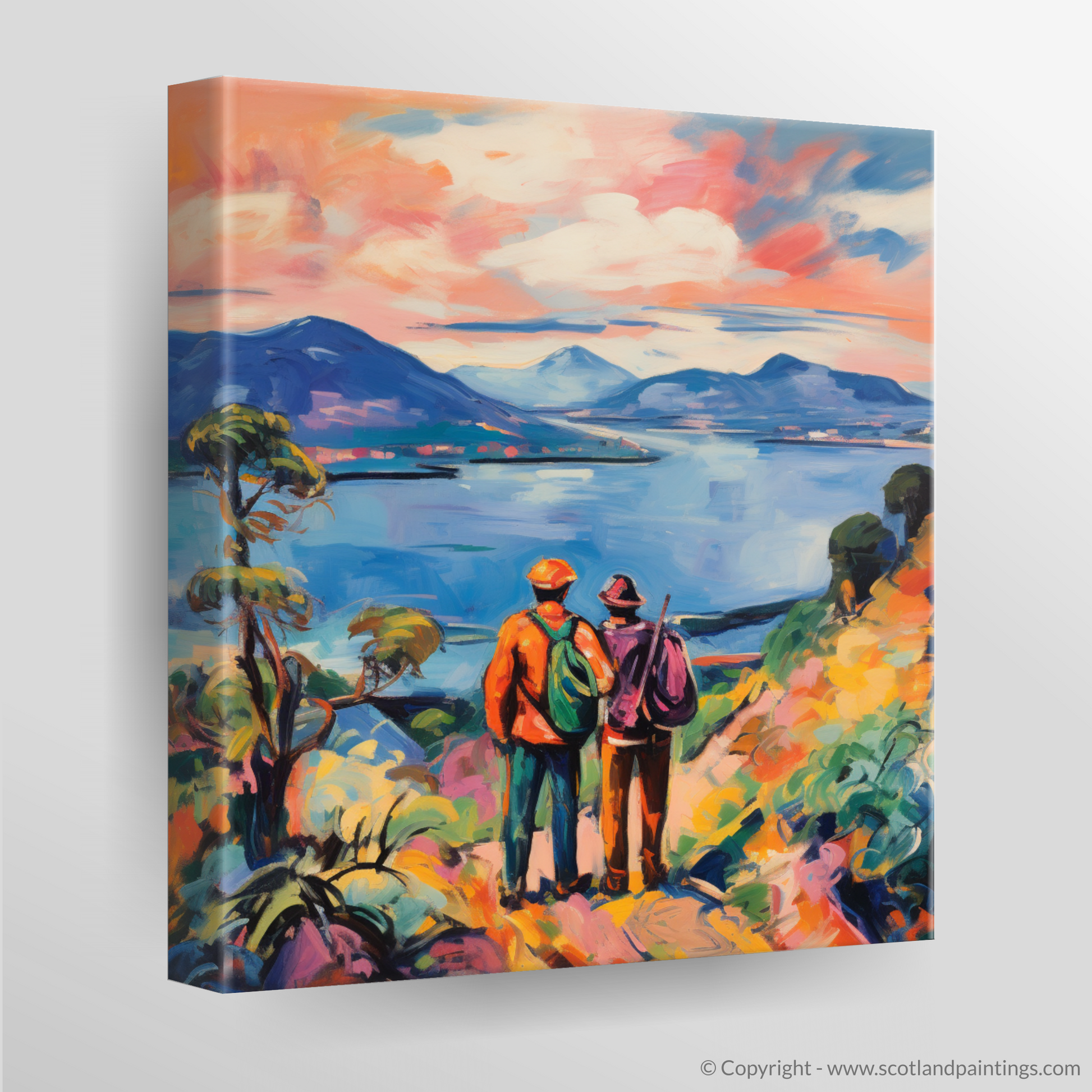 Canvas Print of Two hikers looking out on Loch Lomond