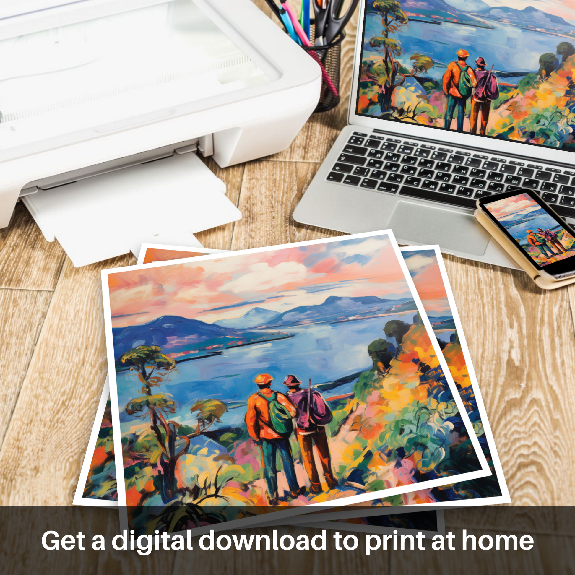 Downloadable and printable picture of Two hikers looking out on Loch Lomond