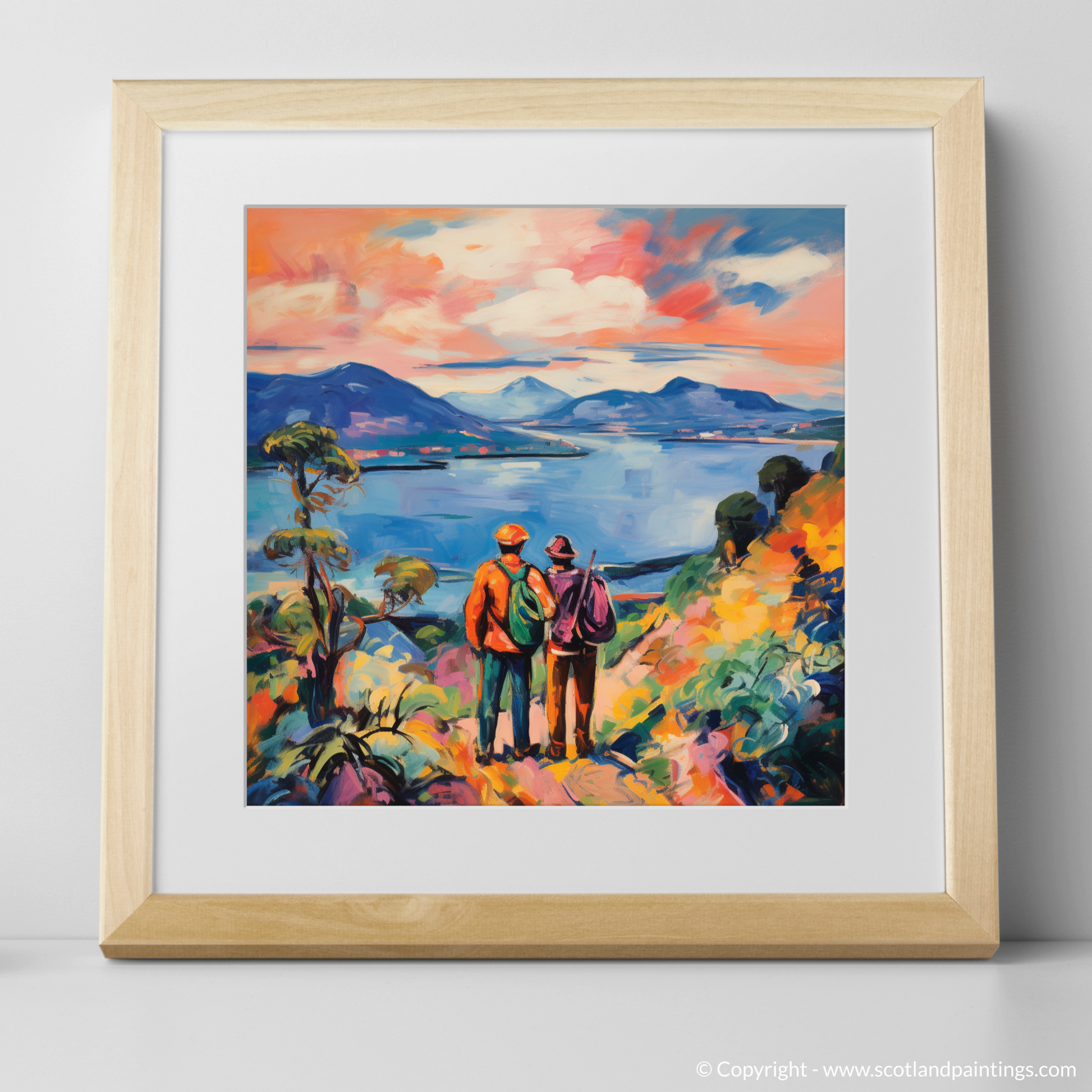 Art Print of Two hikers looking out on Loch Lomond with a natural frame