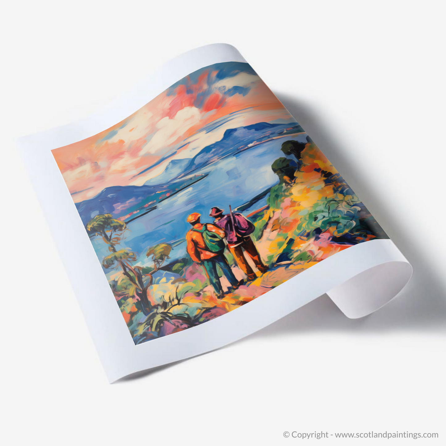 Art Print of Two hikers looking out on Loch Lomond