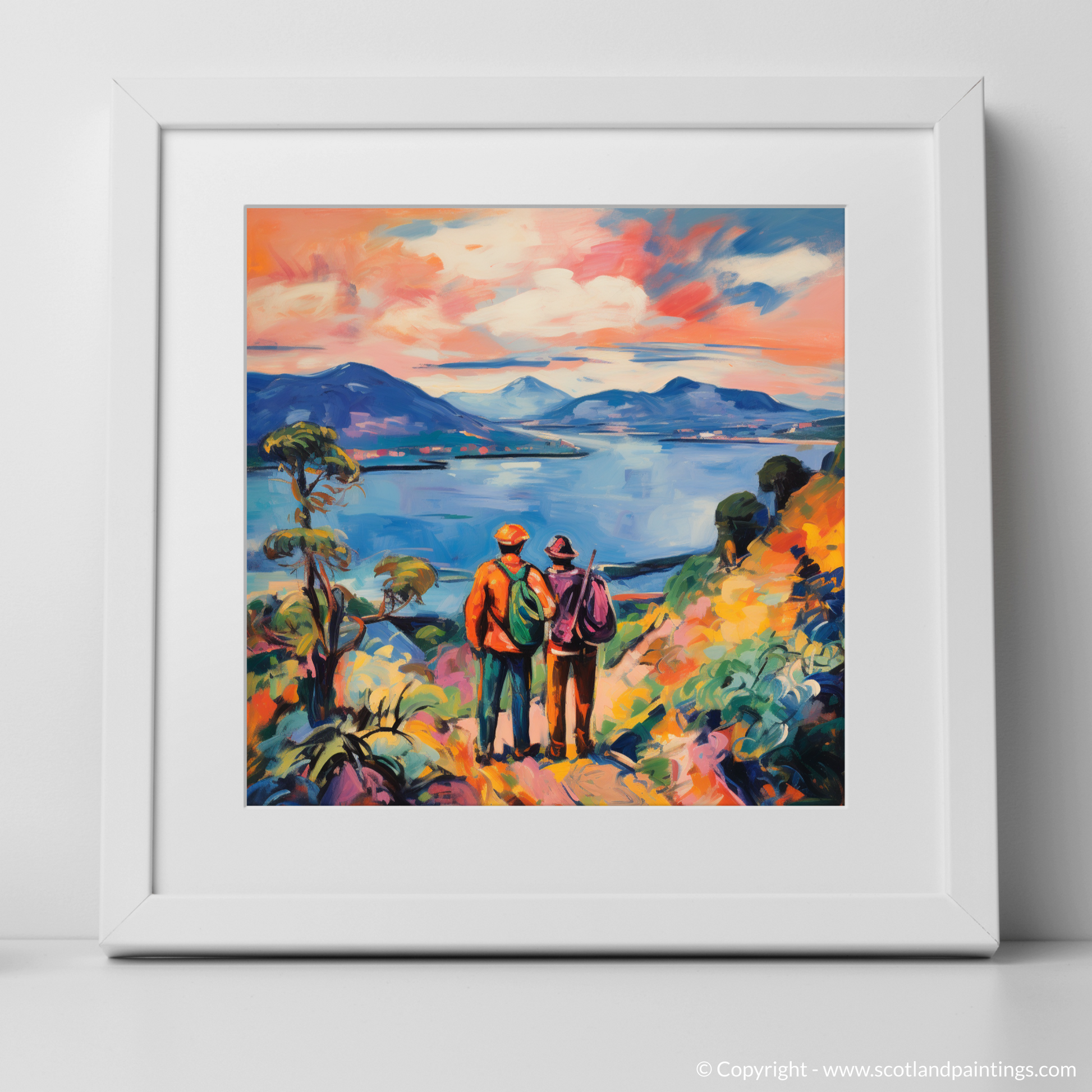 Art Print of Two hikers looking out on Loch Lomond with a white frame