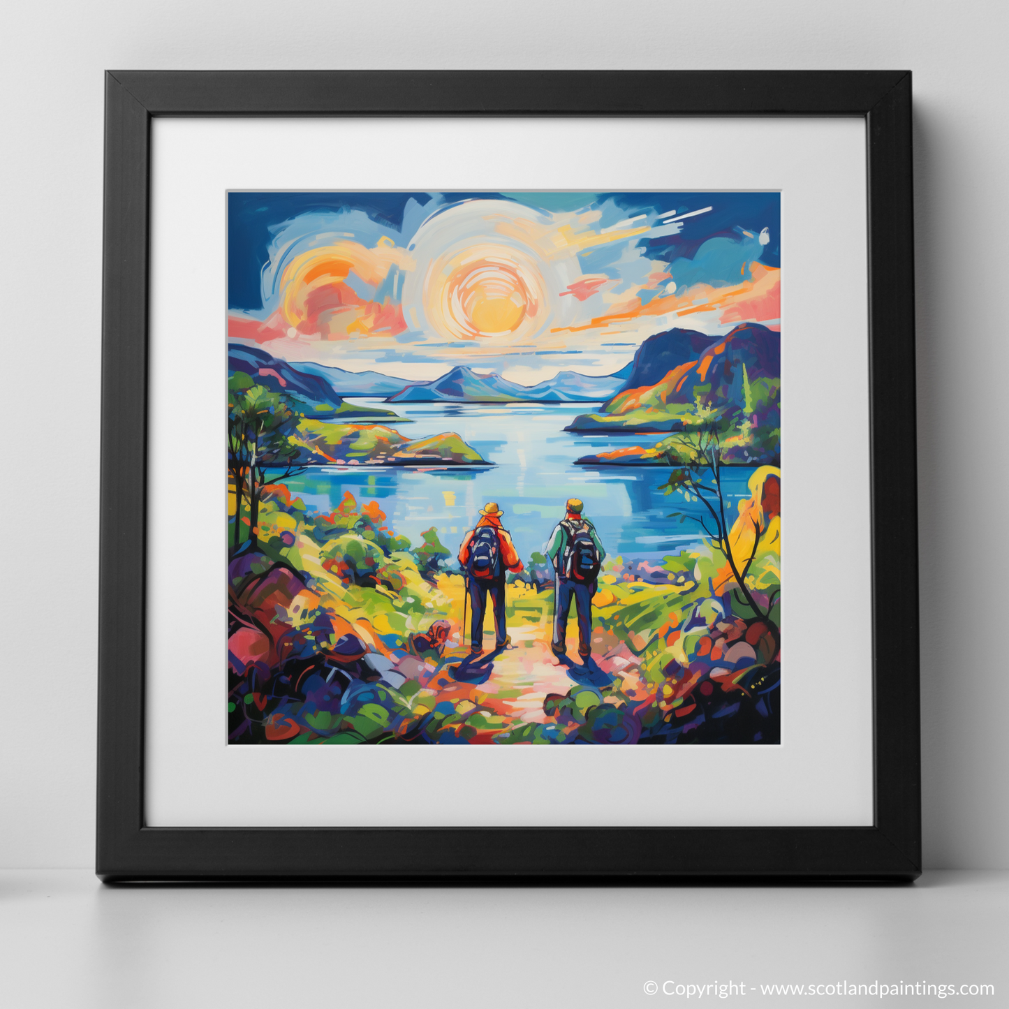 Art Print of Two hikers looking out on Loch Lomond with a black frame