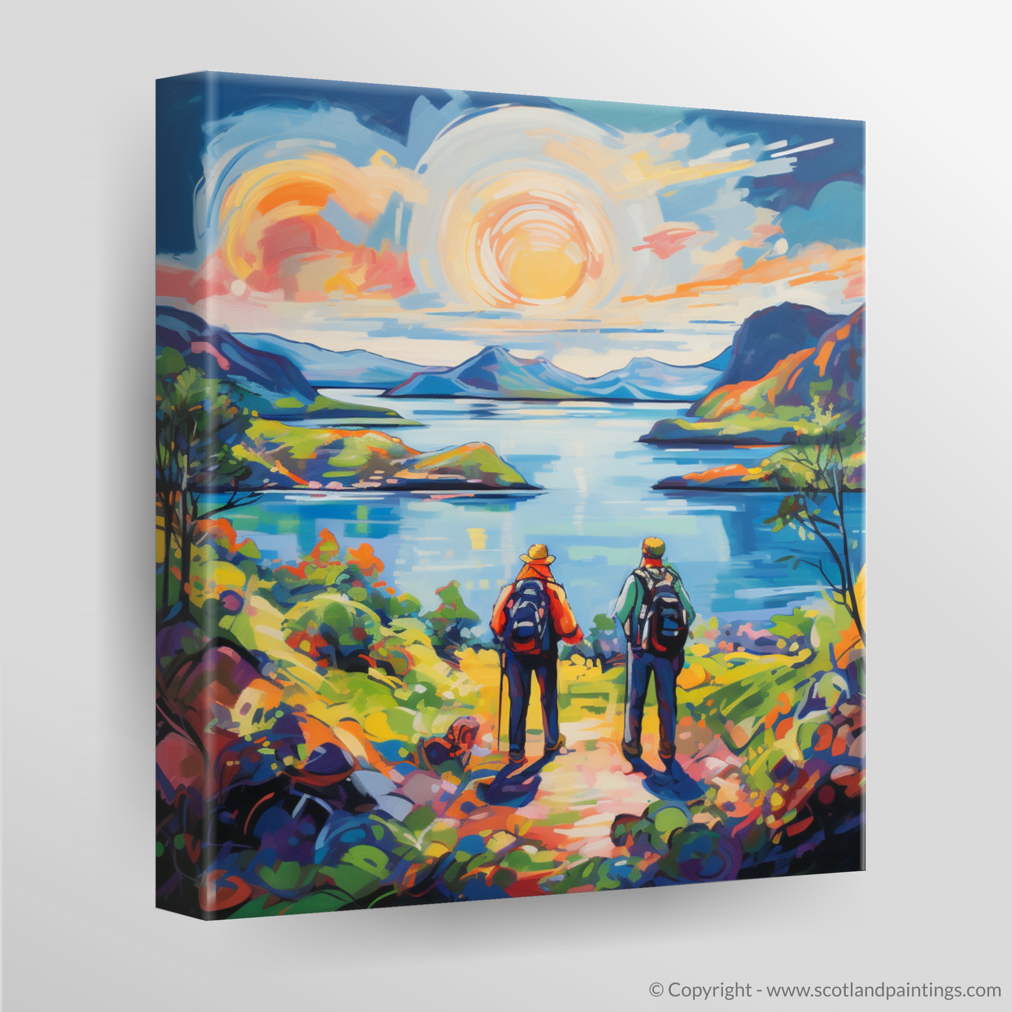 Canvas Print of Two hikers looking out on Loch Lomond